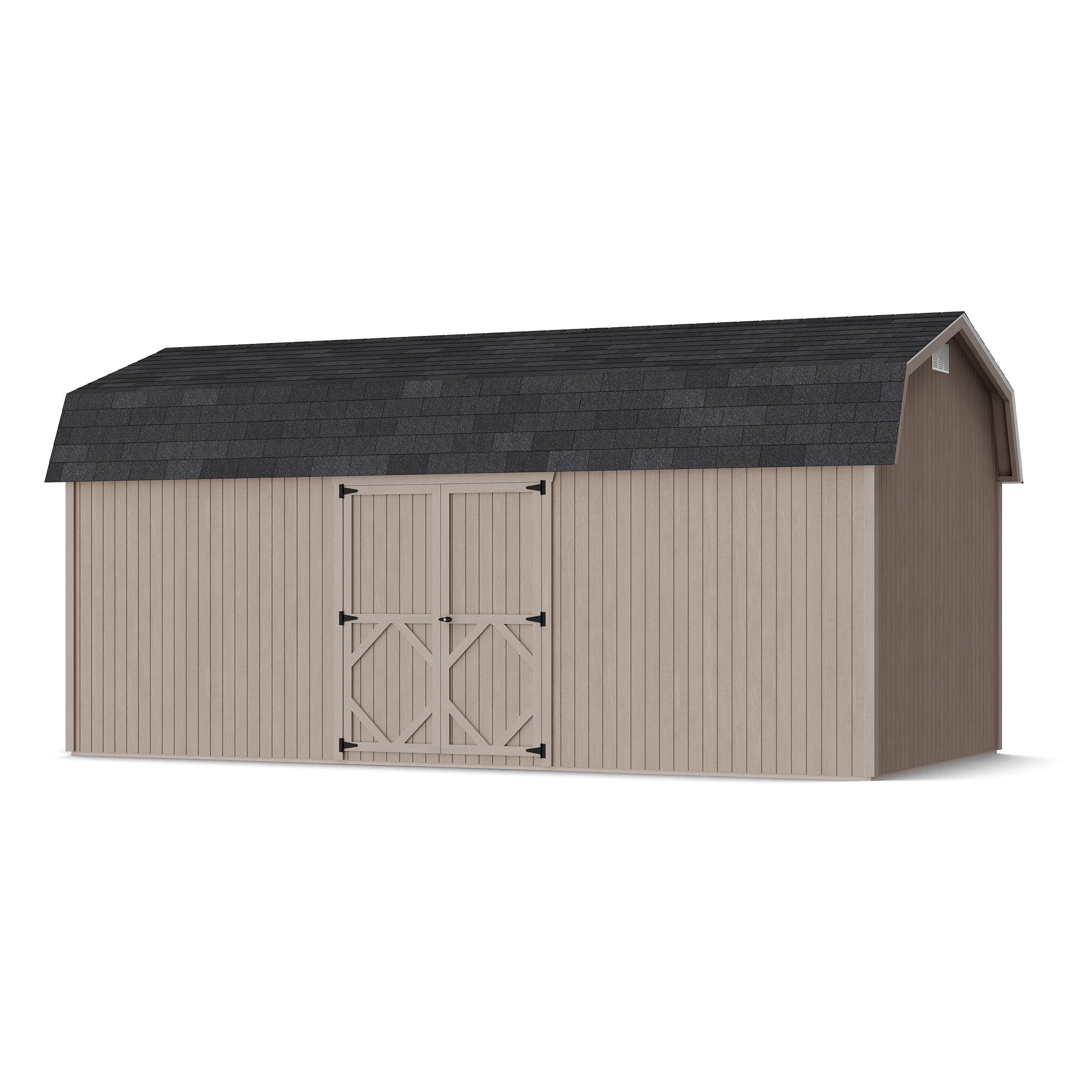 Rendering of Classic Gambrel 6' Barn Shed with Side Entry in assembly process ready to be painted.