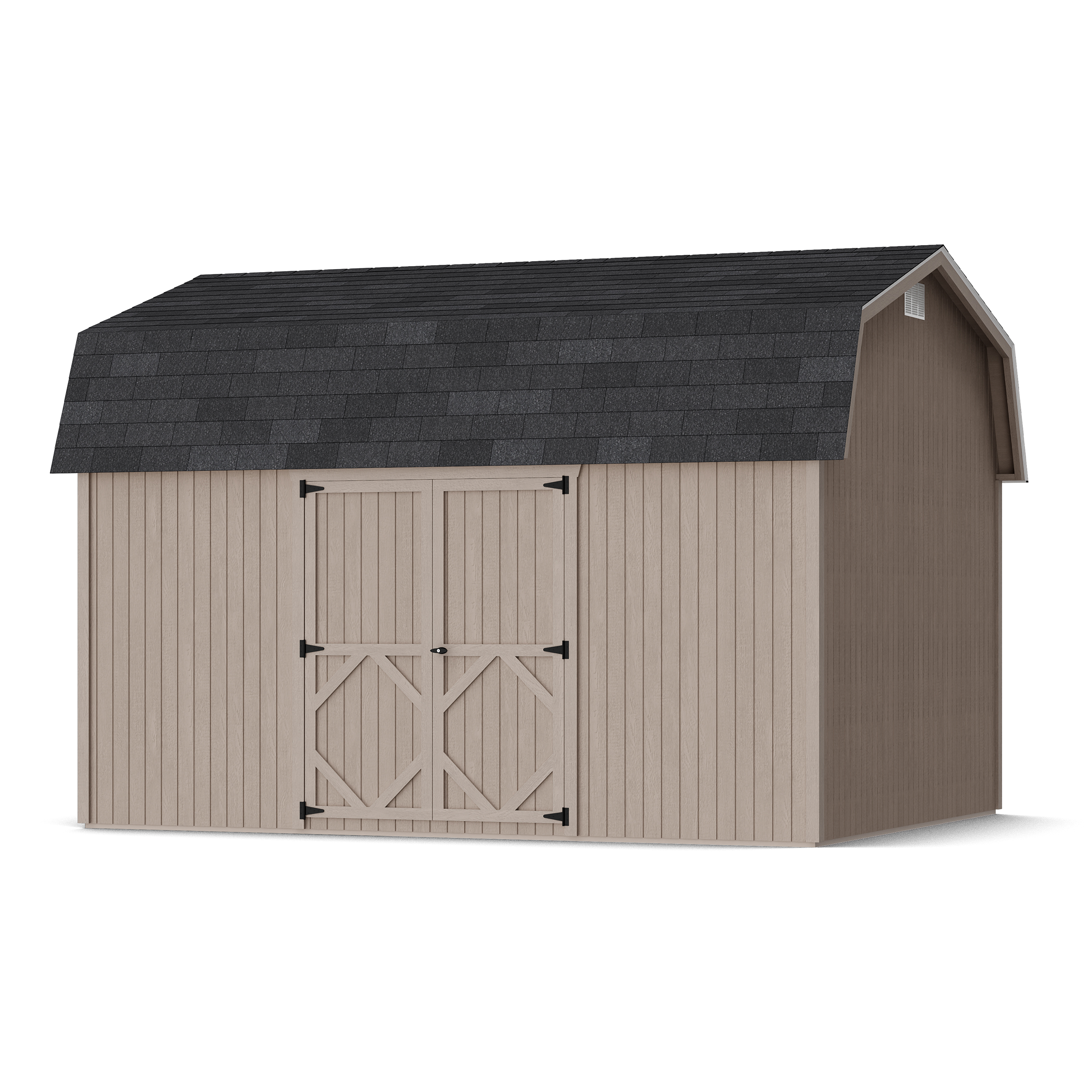 Rendering of Classic Gambrel 6' Barn Shed with Side Entry in assembly process ready to be painted.
