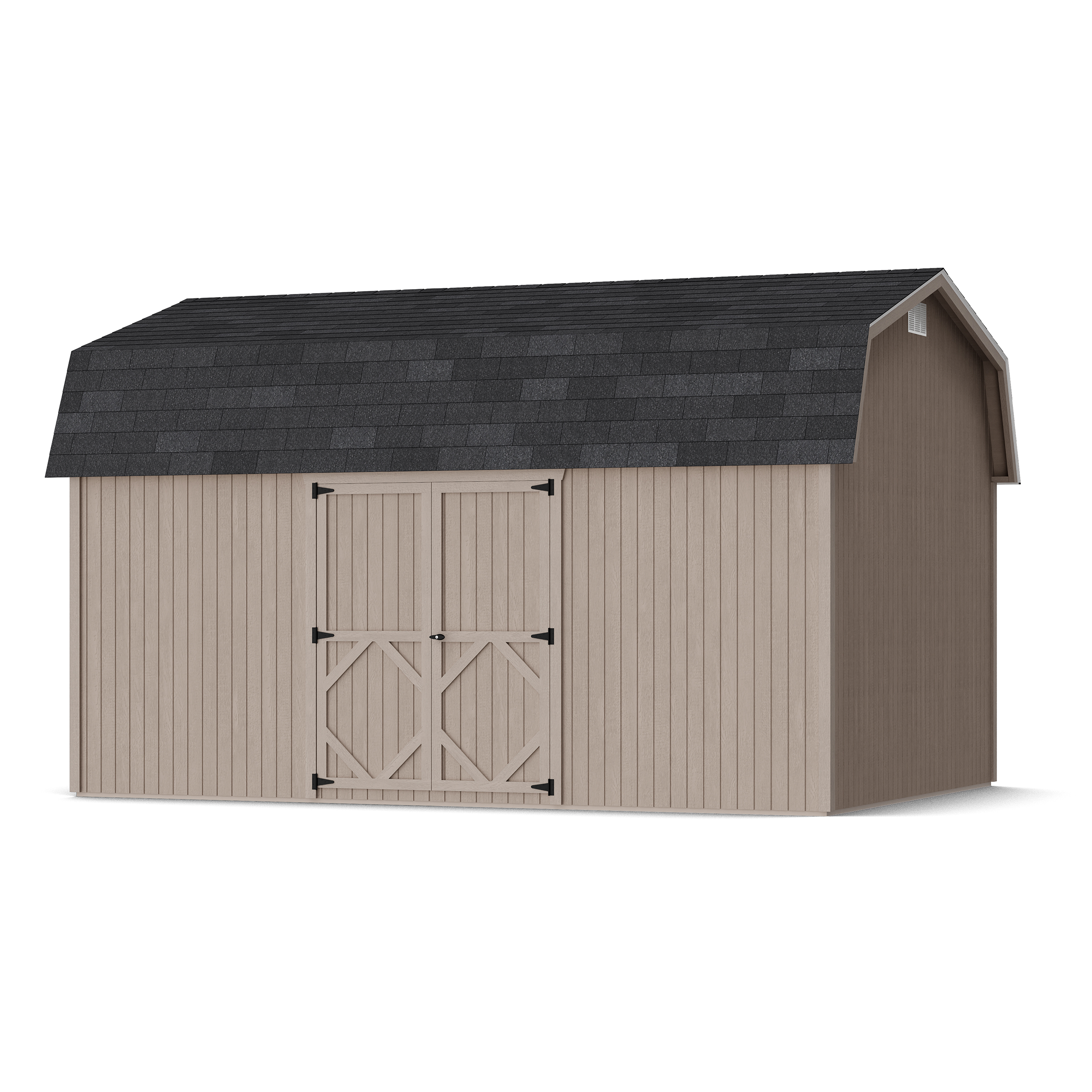 Rendering of Classic Gambrel 6' Barn Shed with Side Entry in assembly process ready to be painted.