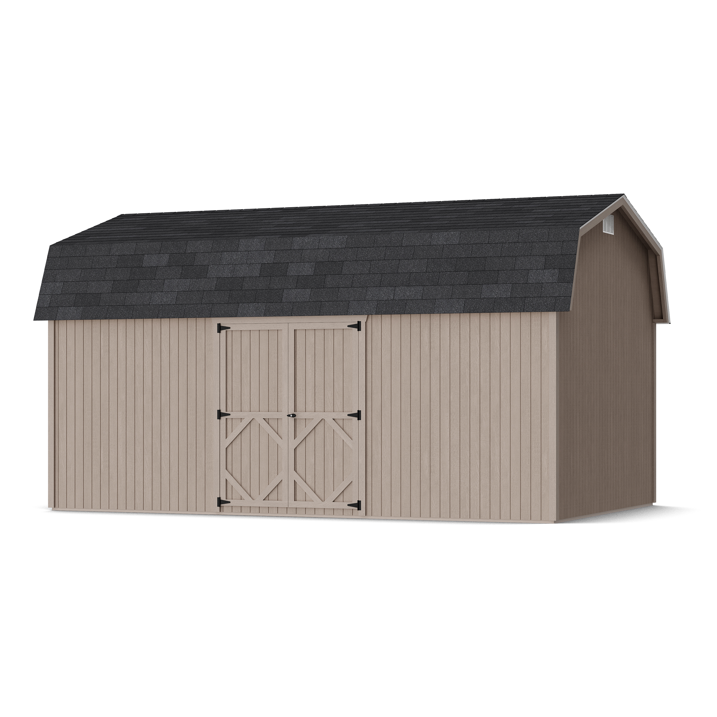 Rendering of Classic Gambrel 6' Barn Shed with Side Entry in assembly process ready to be painted.