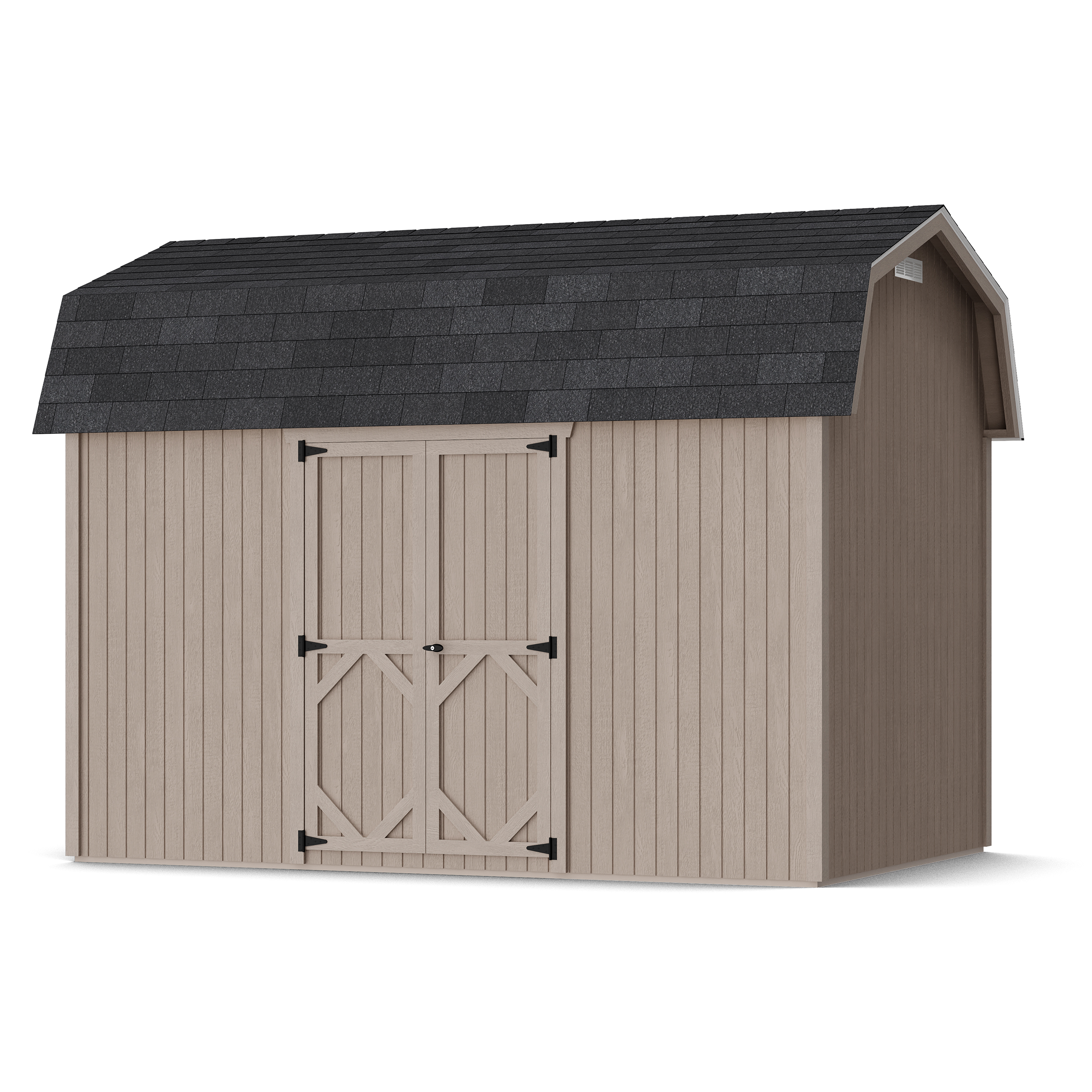 Rendering of Classic Gambrel 6' Barn Shed with Side Entry in assembly process ready to be painted.