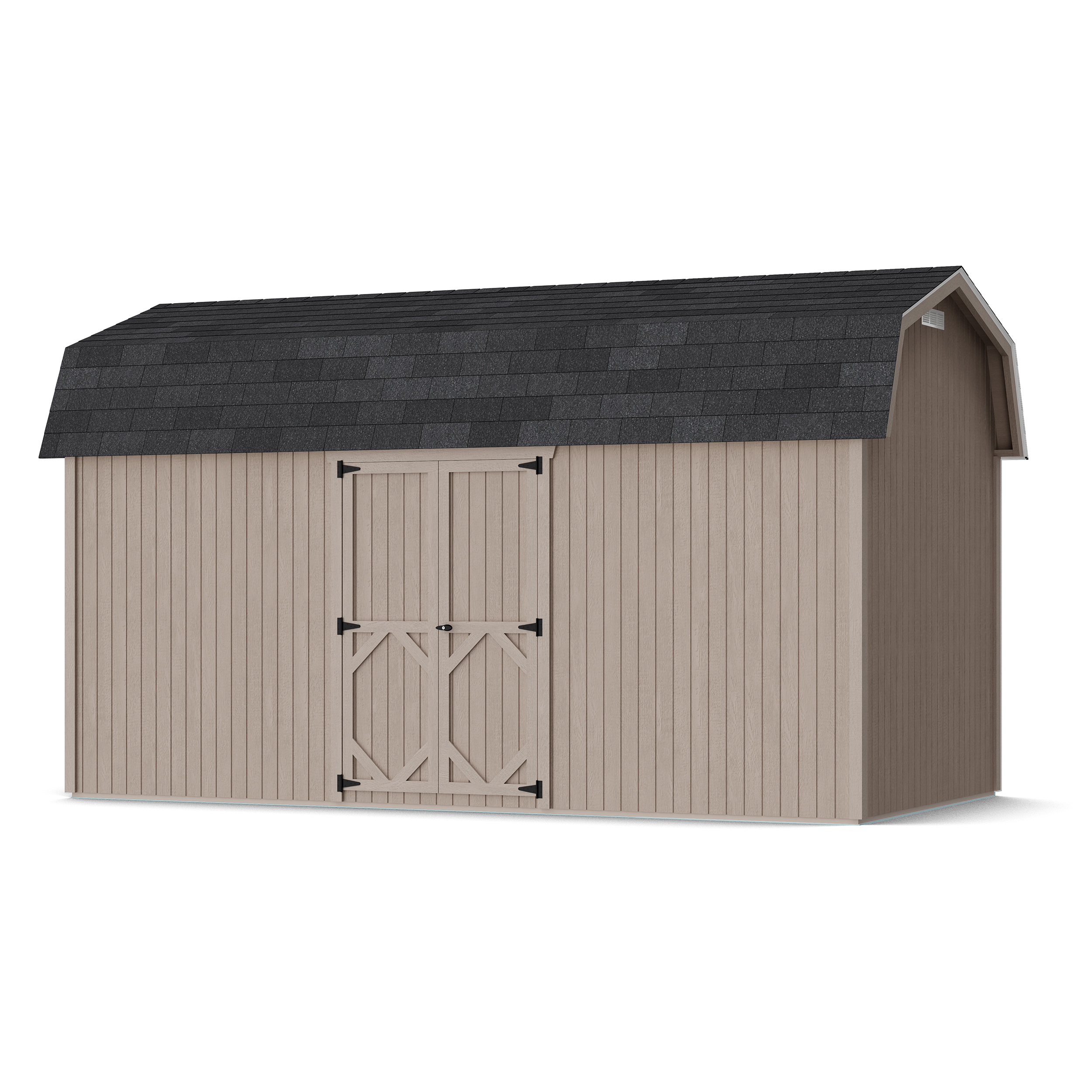 Rendering of Classic Gambrel 6' Barn Shed with Side Entry in assembly process ready to be painted.