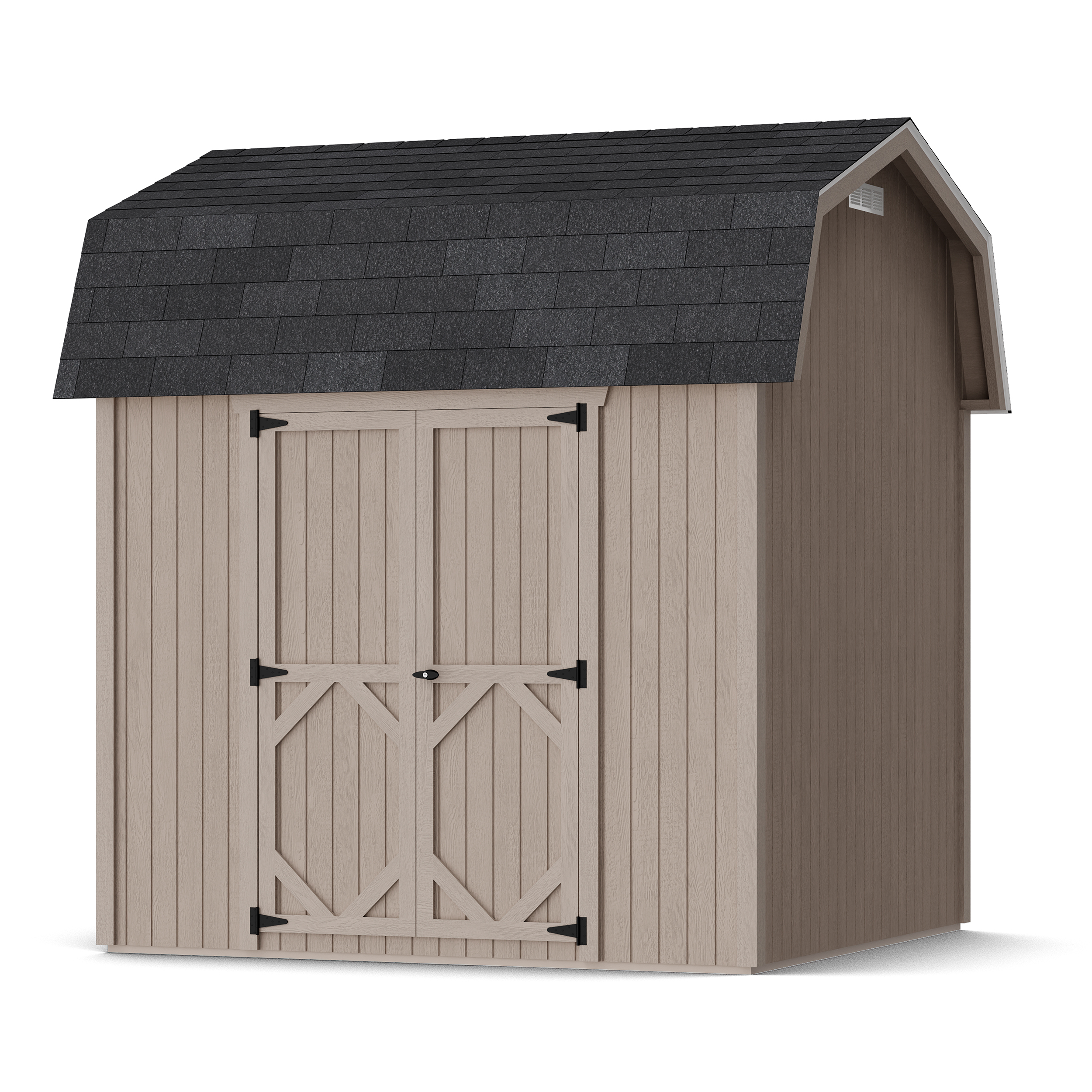 Rendering of Classic Gambrel 6' Barn Shed with Side Entry in assembly process ready to be painted.