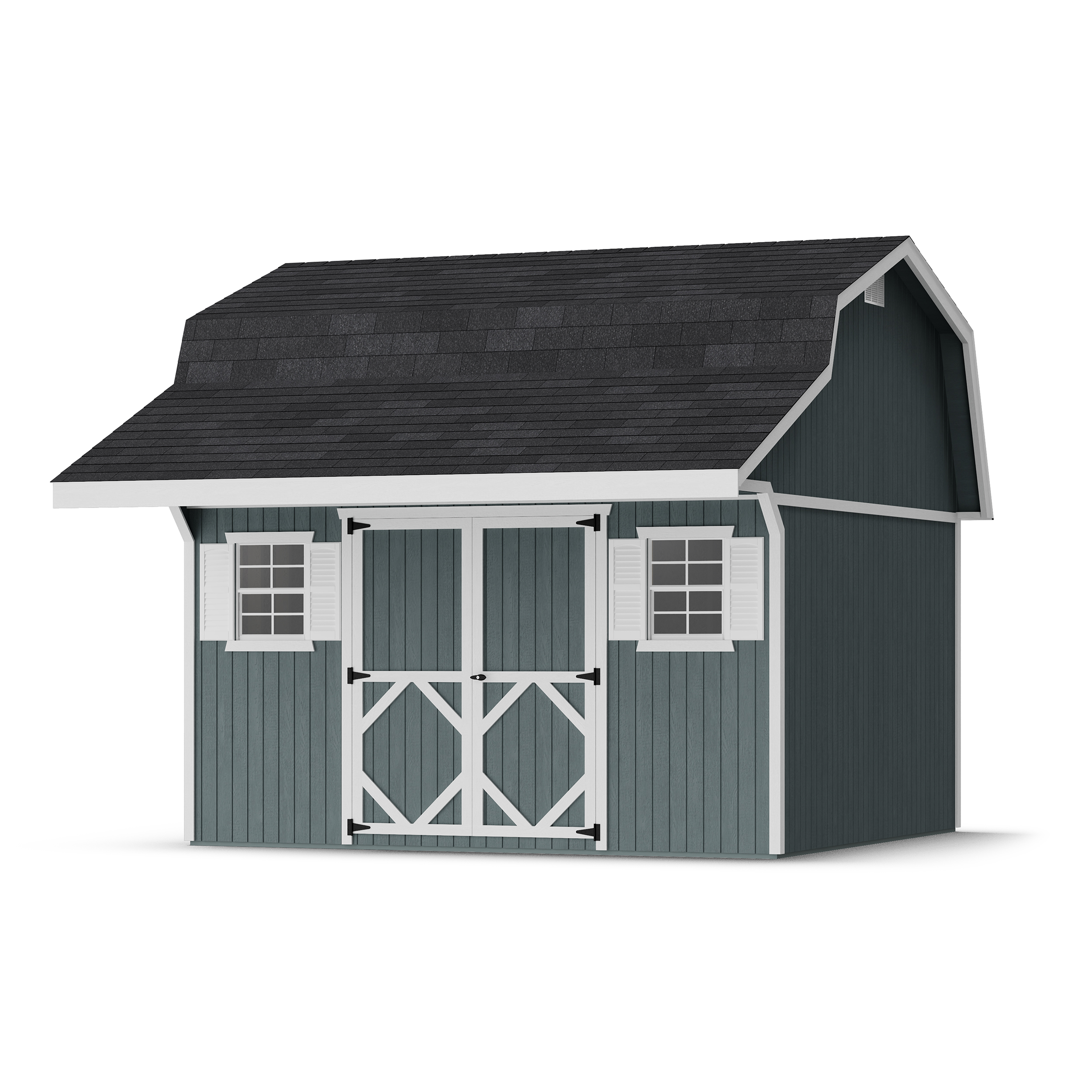 Rendering of Classic Gambrel Barn Shed with Overhang with shingles and paint.