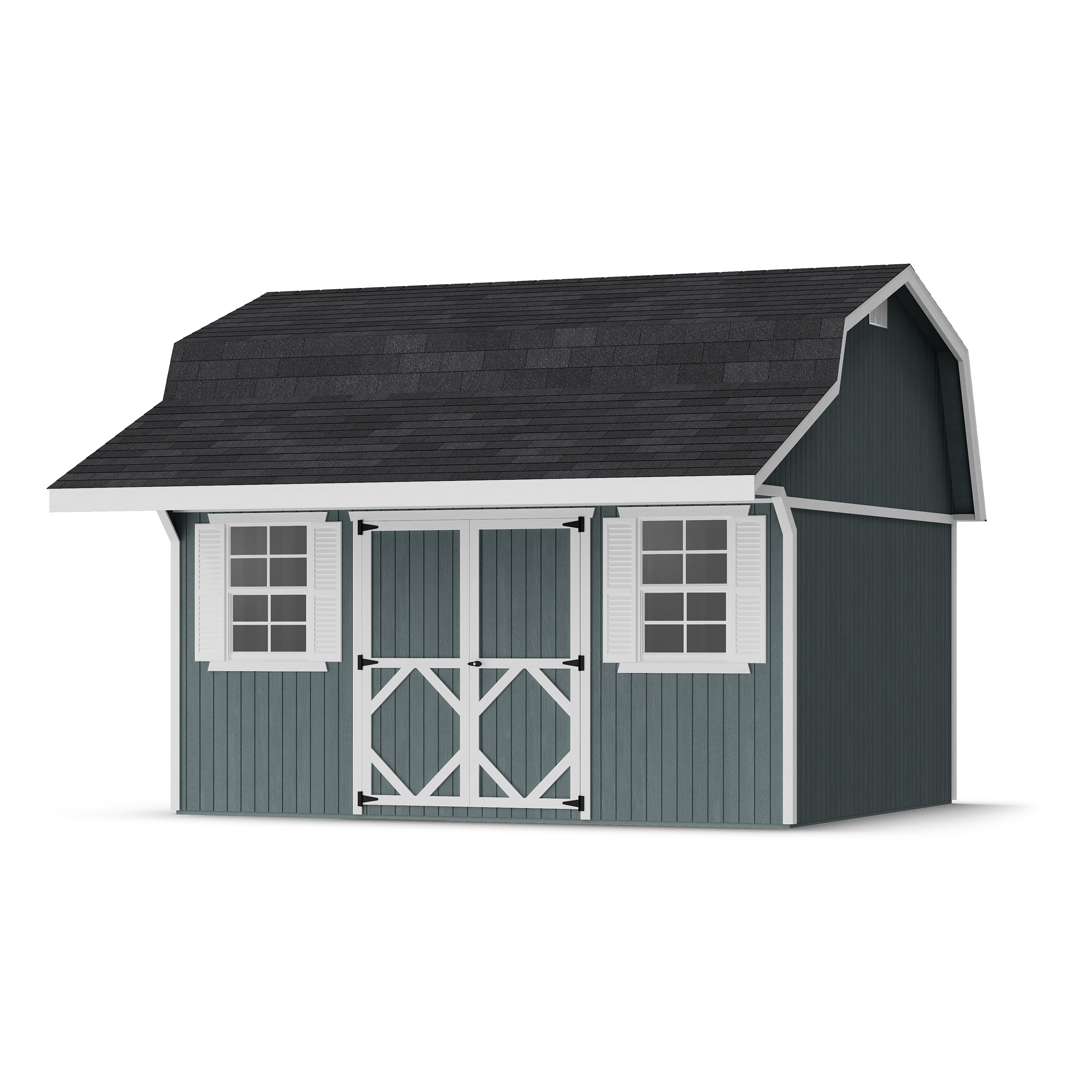 Rendering of Classic Gambrel Barn Shed with Overhang with shingles and paint.