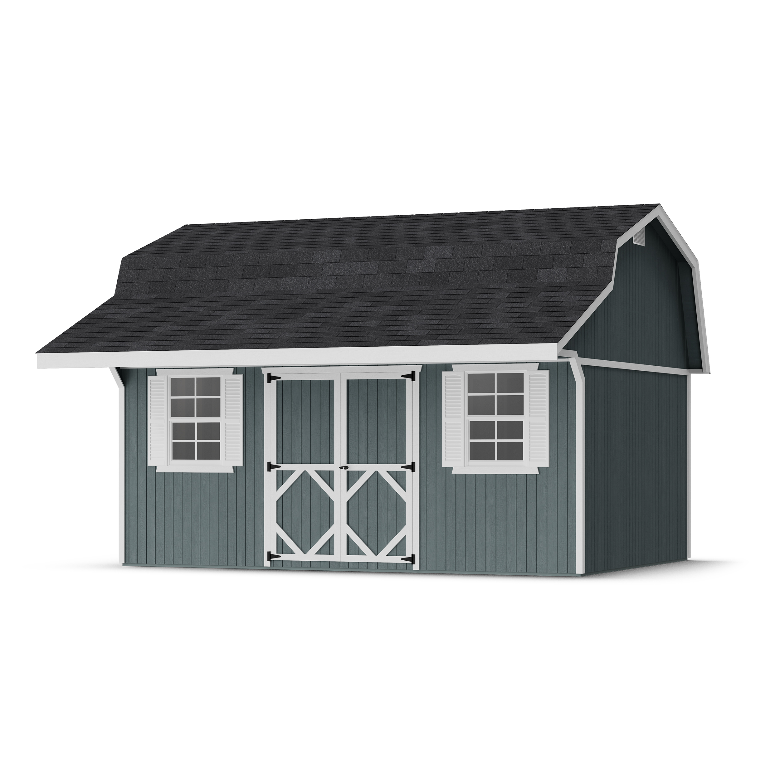 Rendering of Classic Gambrel Barn Shed with Overhang with shingles and paint.