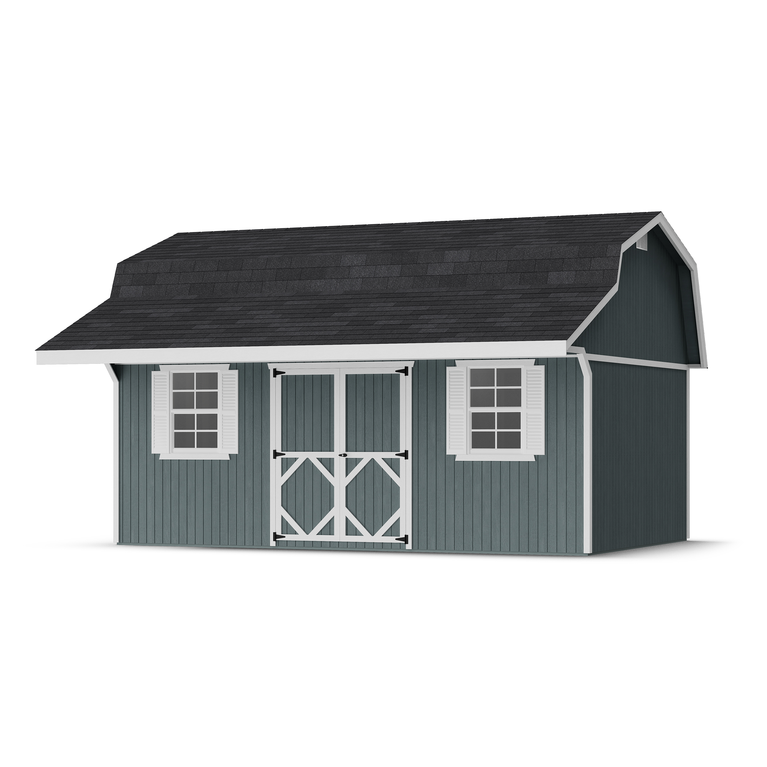 Rendering of Classic Gambrel Barn Shed with Overhang with shingles and paint.