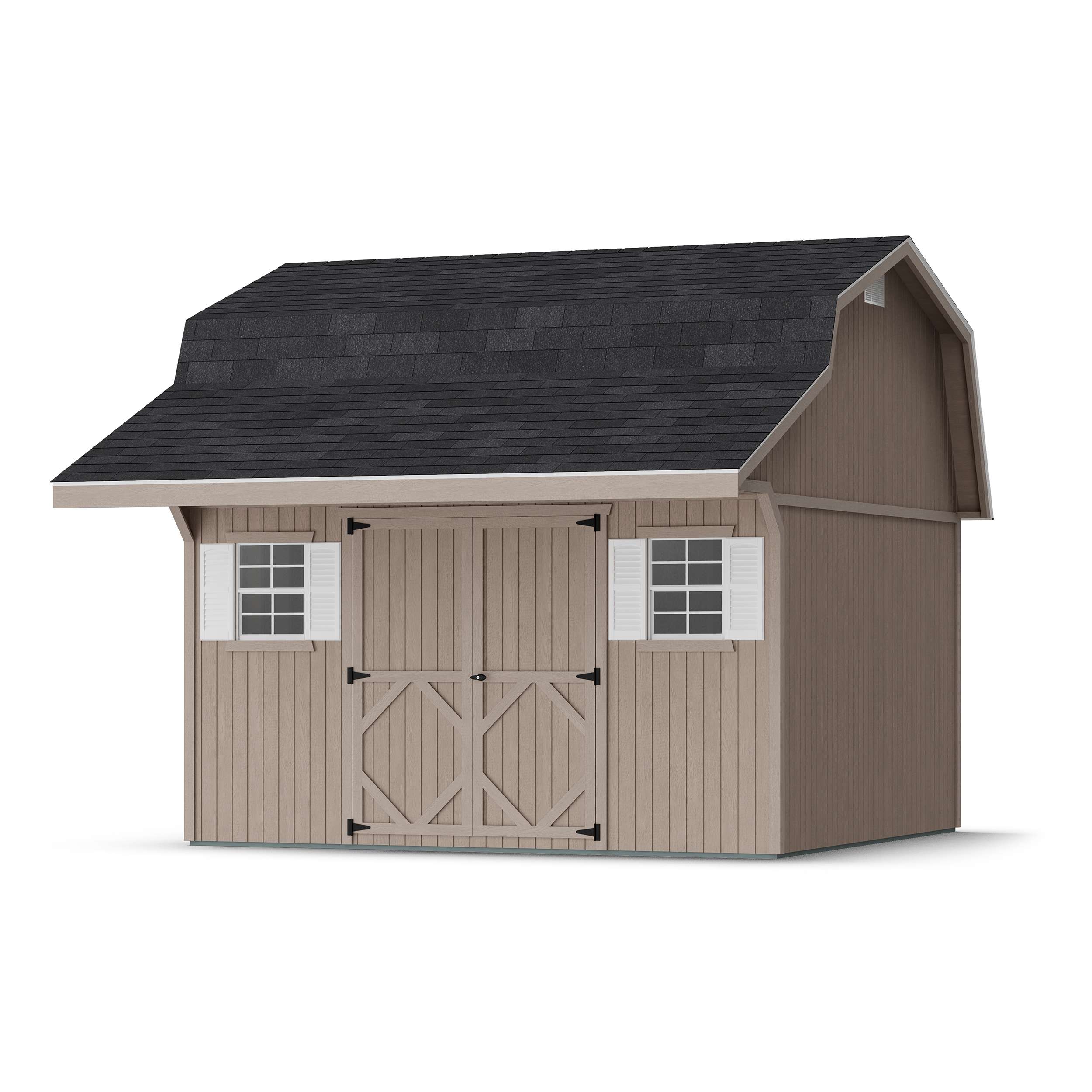 Rendering of Classic Gambrel Barn Shed with Overhang in assembly process ready to be painted.