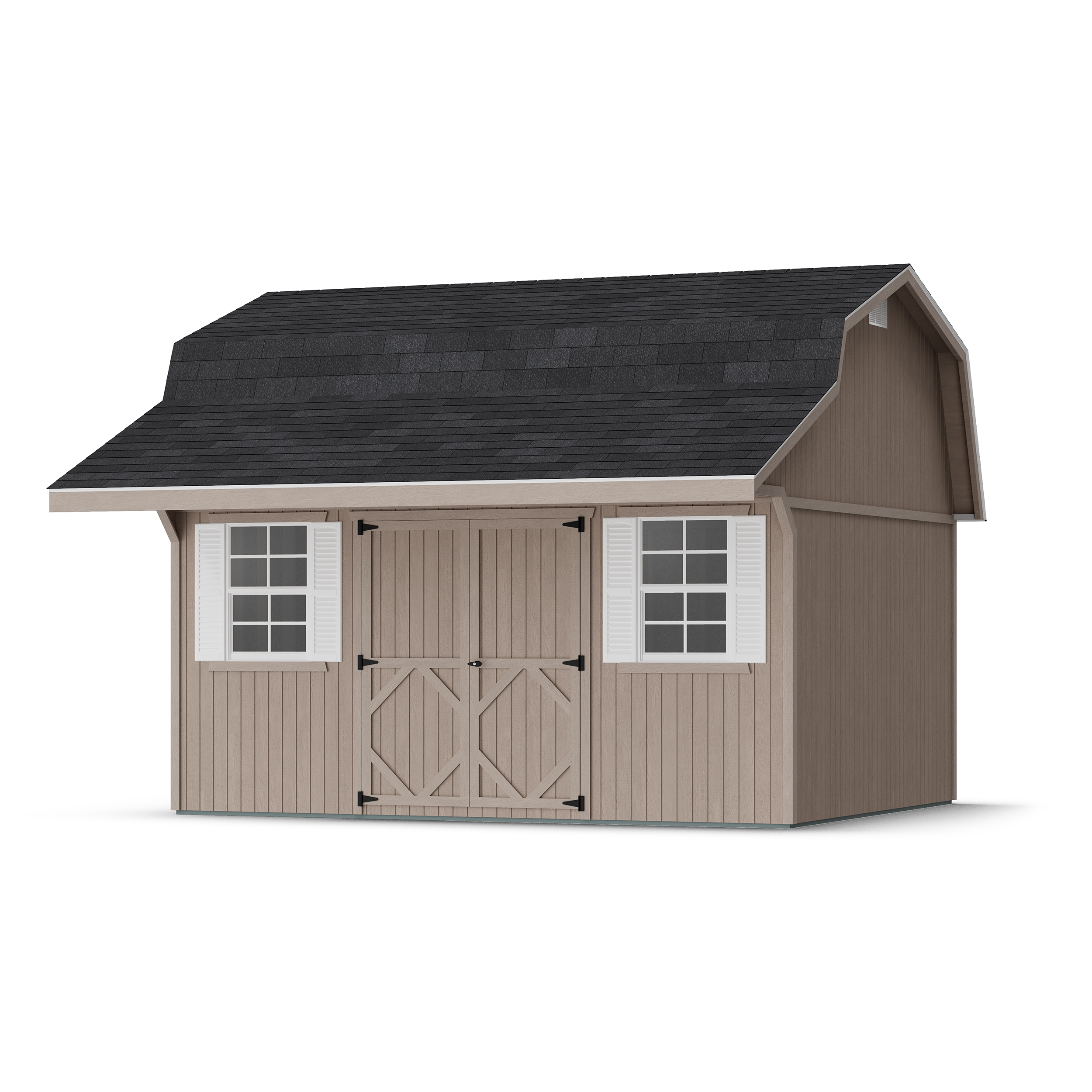Rendering of Classic Gambrel Barn Shed with Overhang in assembly process ready to be painted.