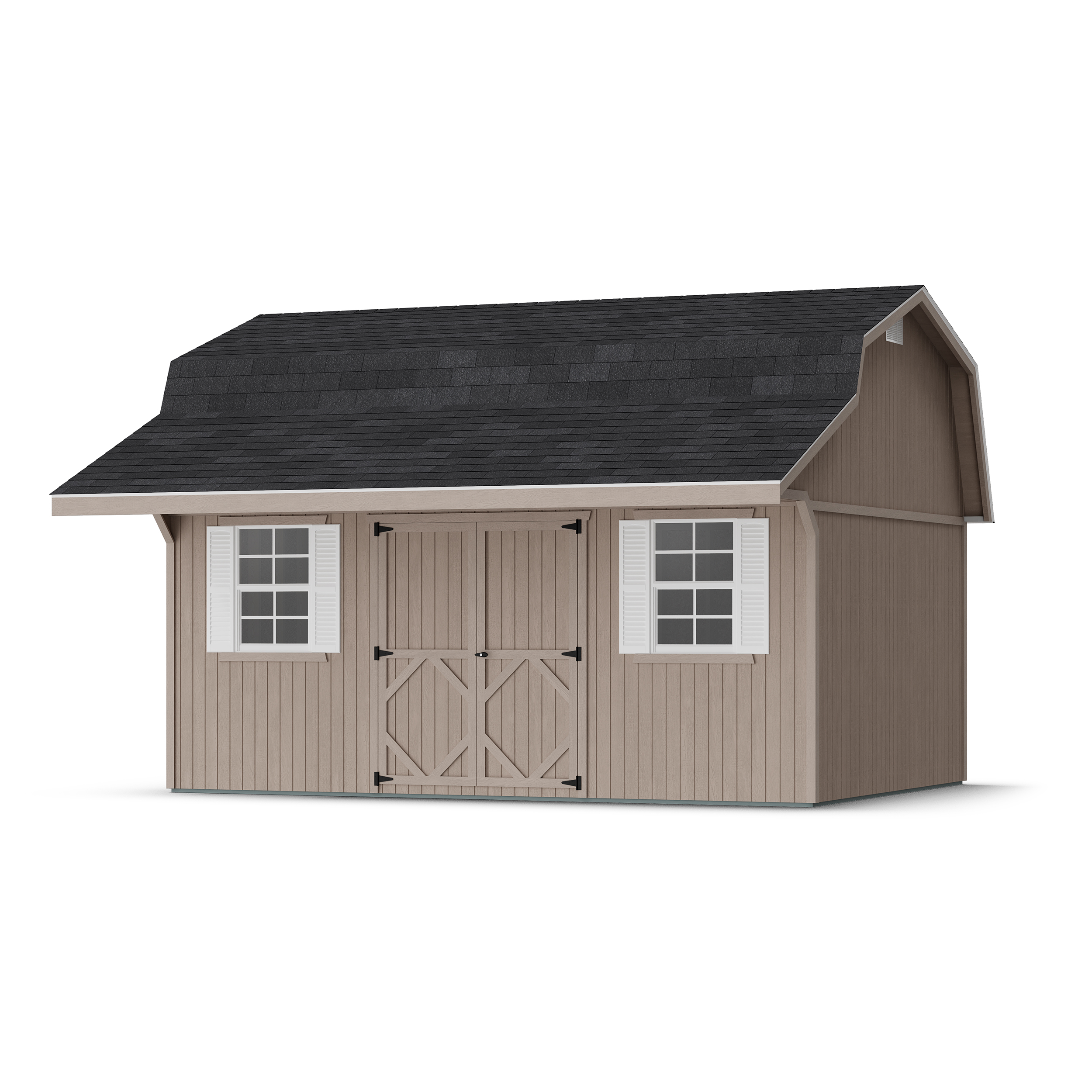 Rendering of Classic Gambrel Barn Shed with Overhang in assembly process ready to be painted.