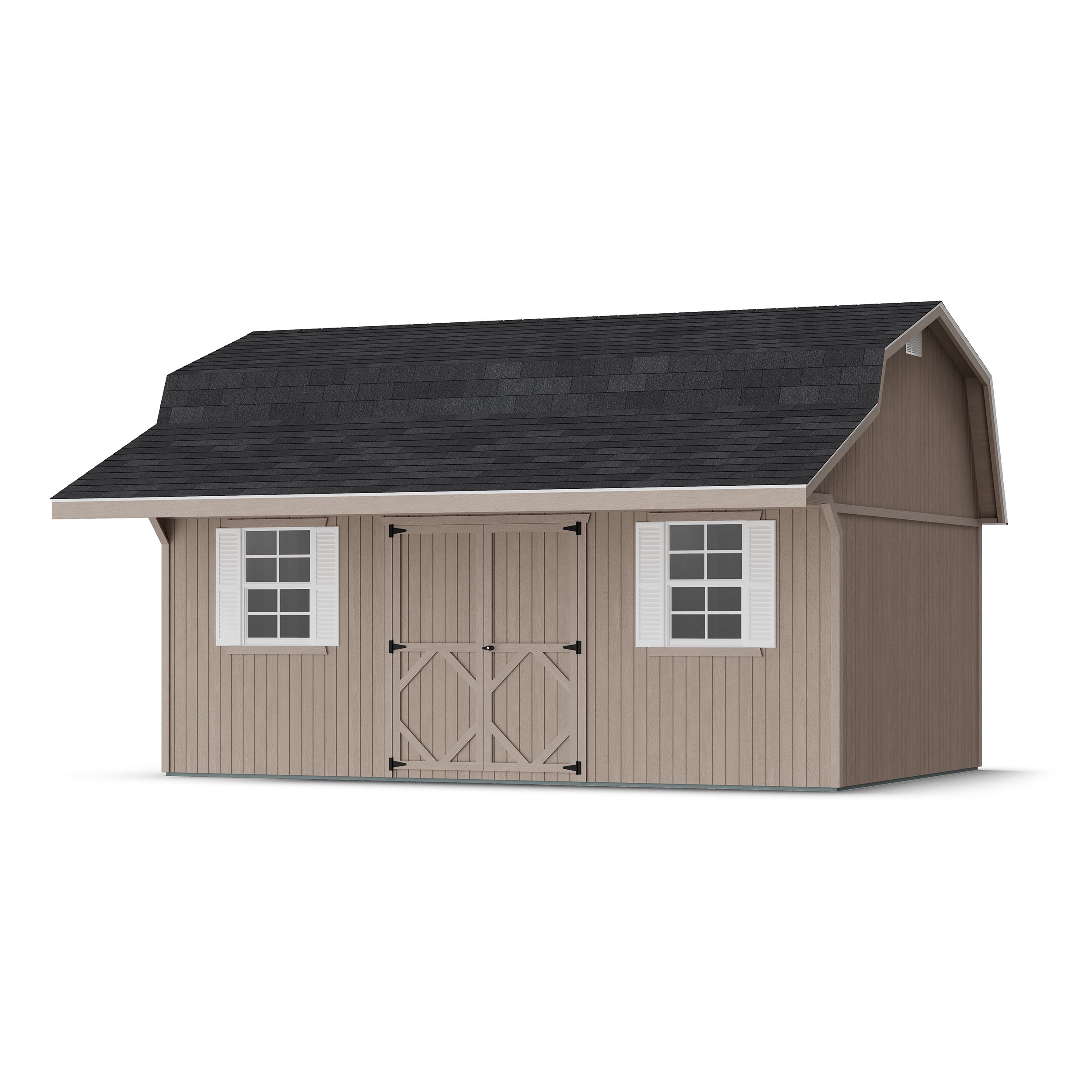 Rendering of Classic Gambrel Barn Shed with Overhang in assembly process ready to be painted.