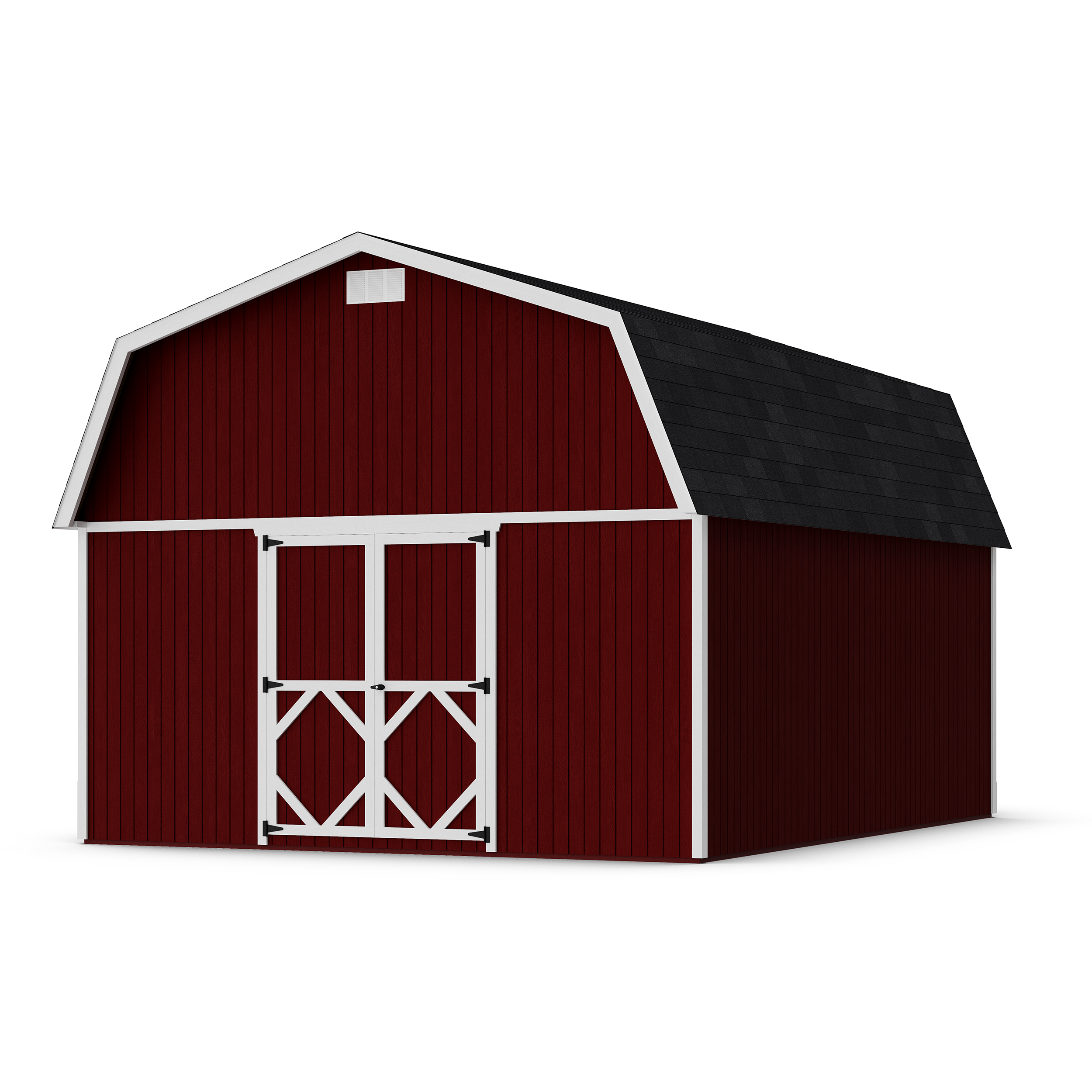 Rendering of Classic Gambrel Large Barn Shed with shingles and paint.
