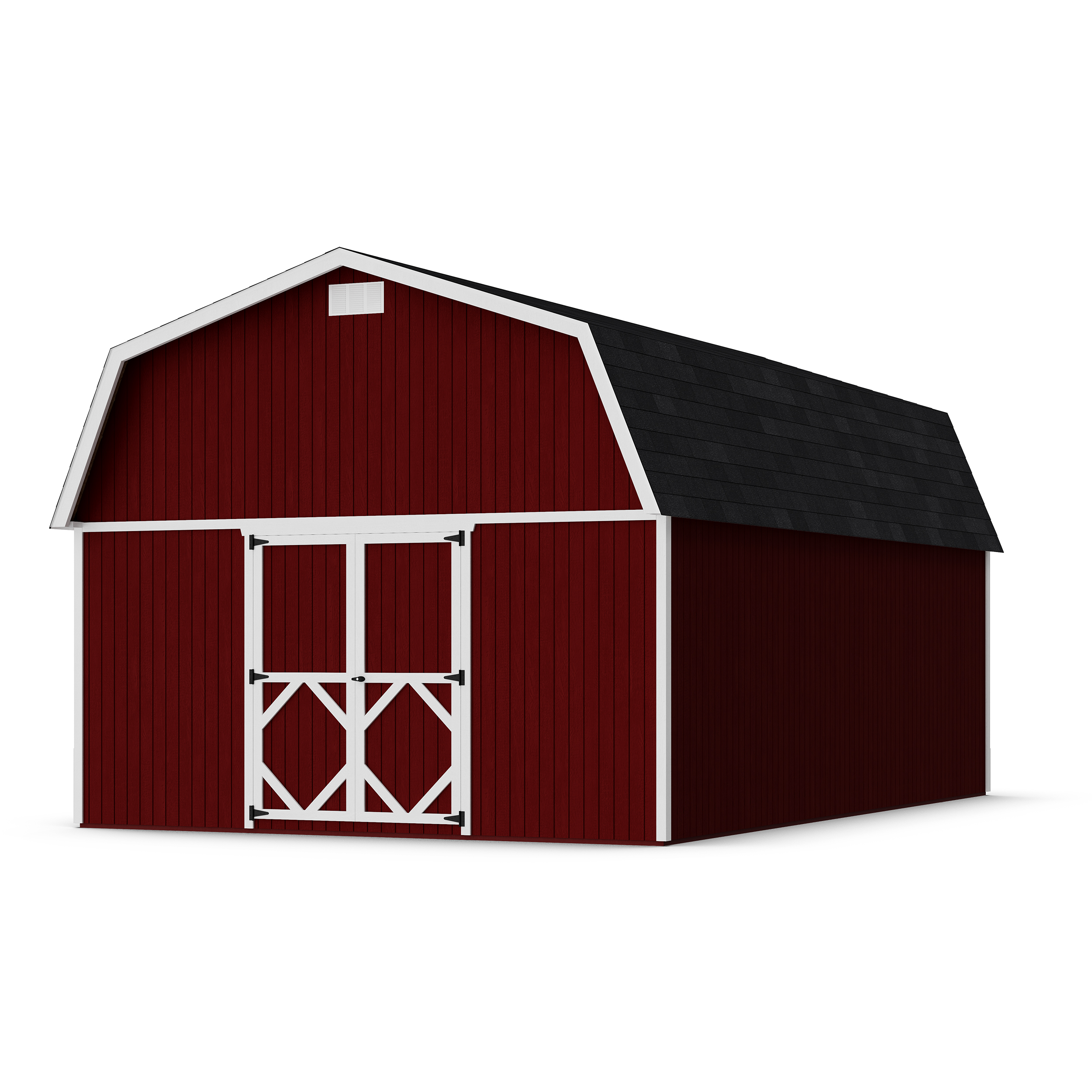Rendering of Classic Gambrel Large Barn Shed with shingles and paint.