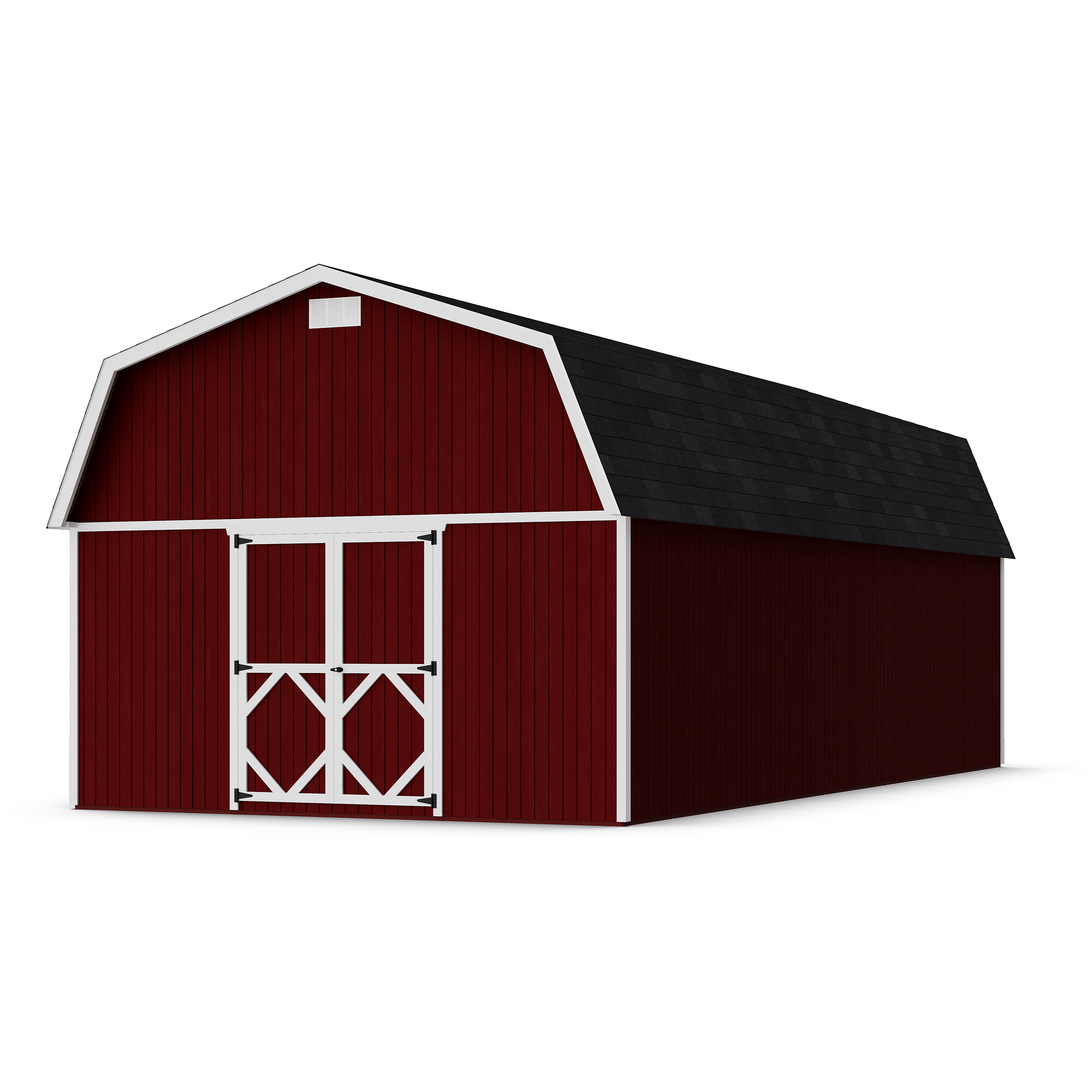 Rendering of Classic Gambrel Large Barn Shed with shingles and paint.