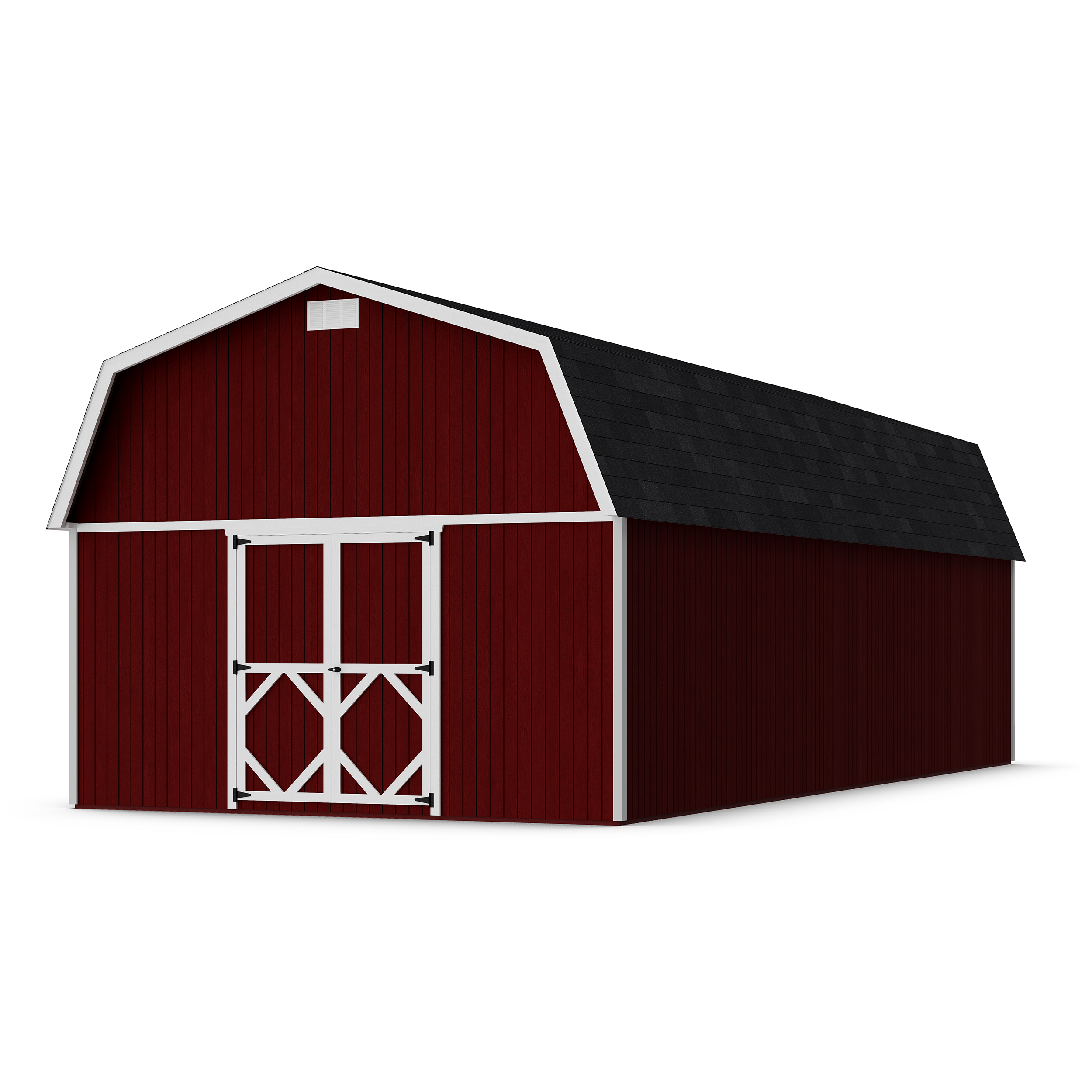Rendering of Classic Gambrel Large Barn Shed with shingles and paint.