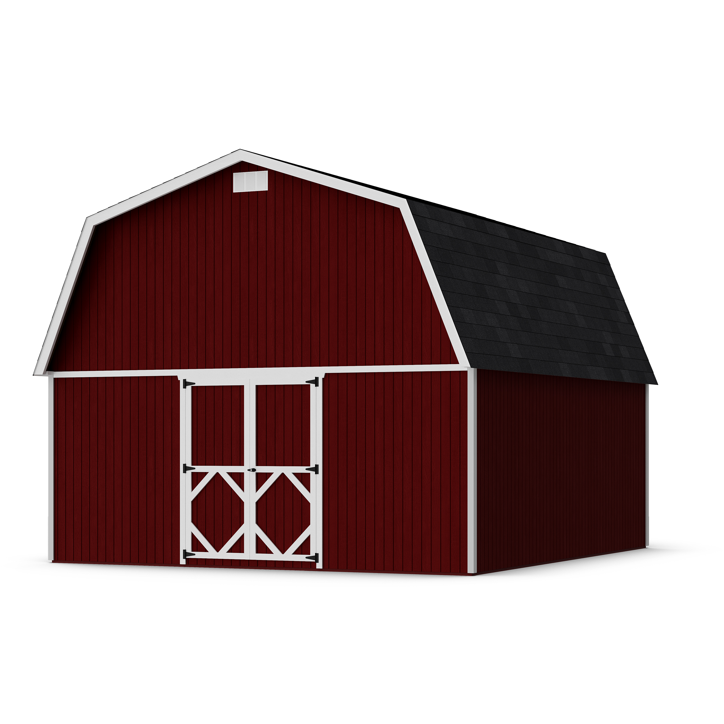 Rendering of Classic Gambrel Large Barn Shed with shingles and paint.