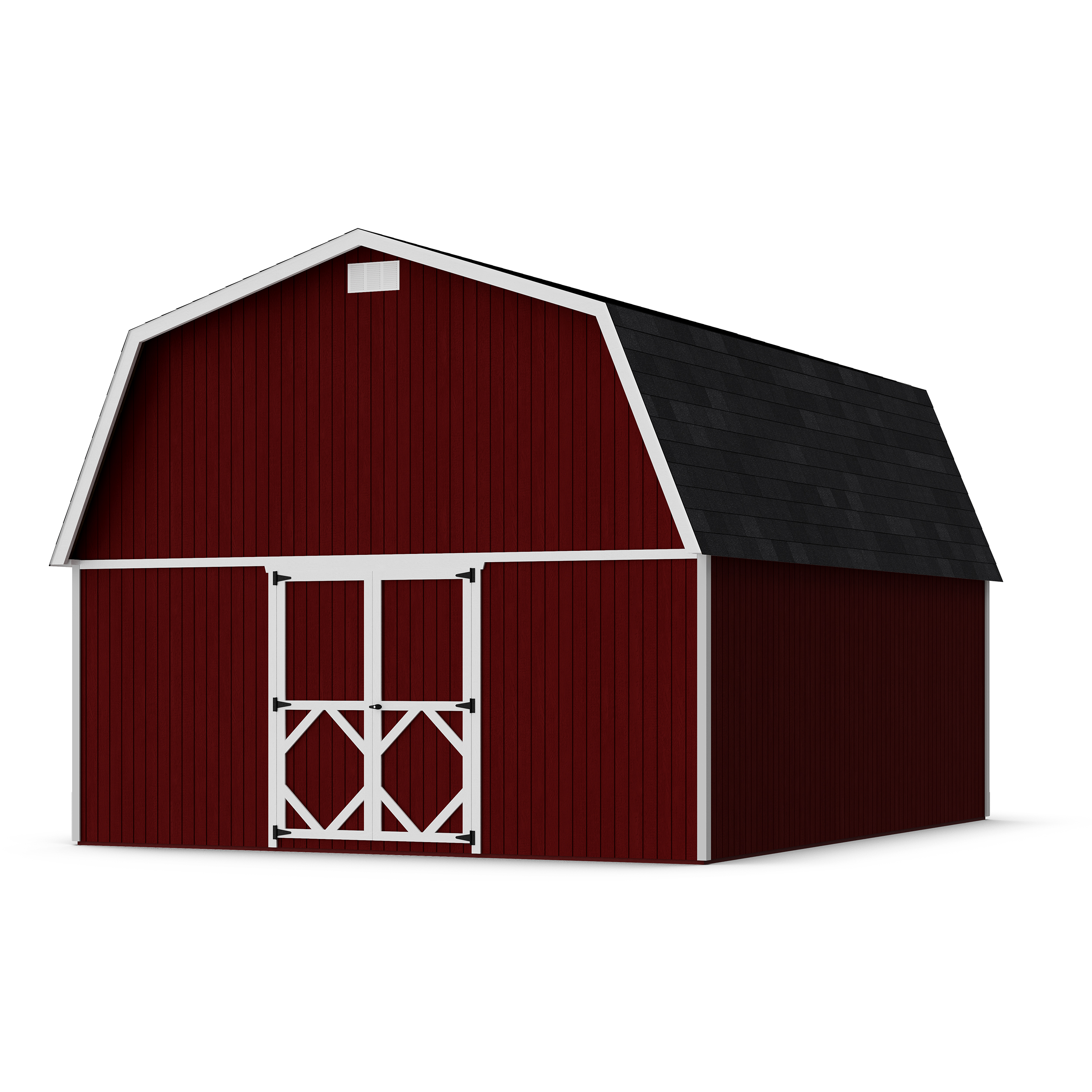 Rendering of Classic Gambrel Large Barn Shed with shingles and paint.