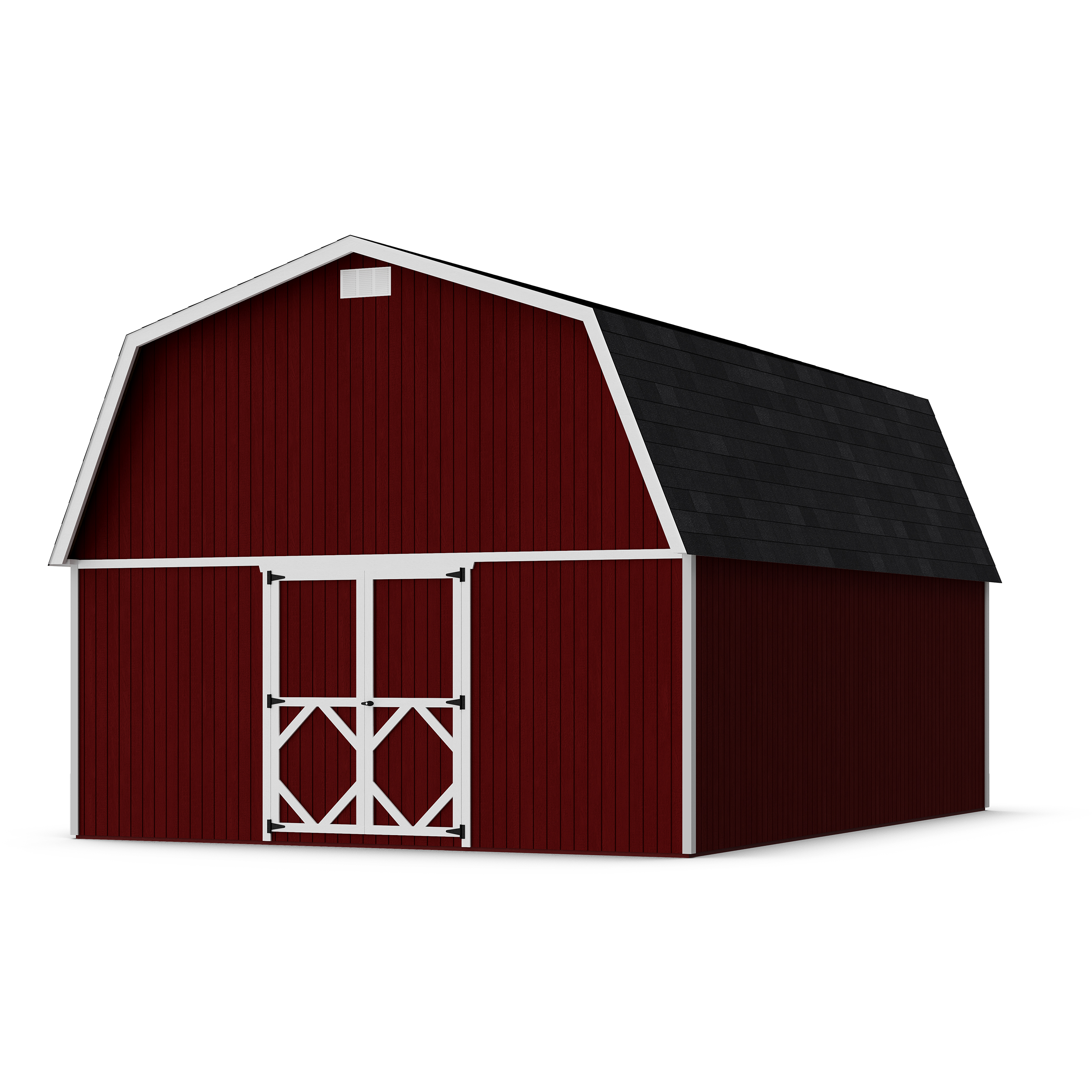 Rendering of Classic Gambrel Large Barn Shed with shingles and paint.