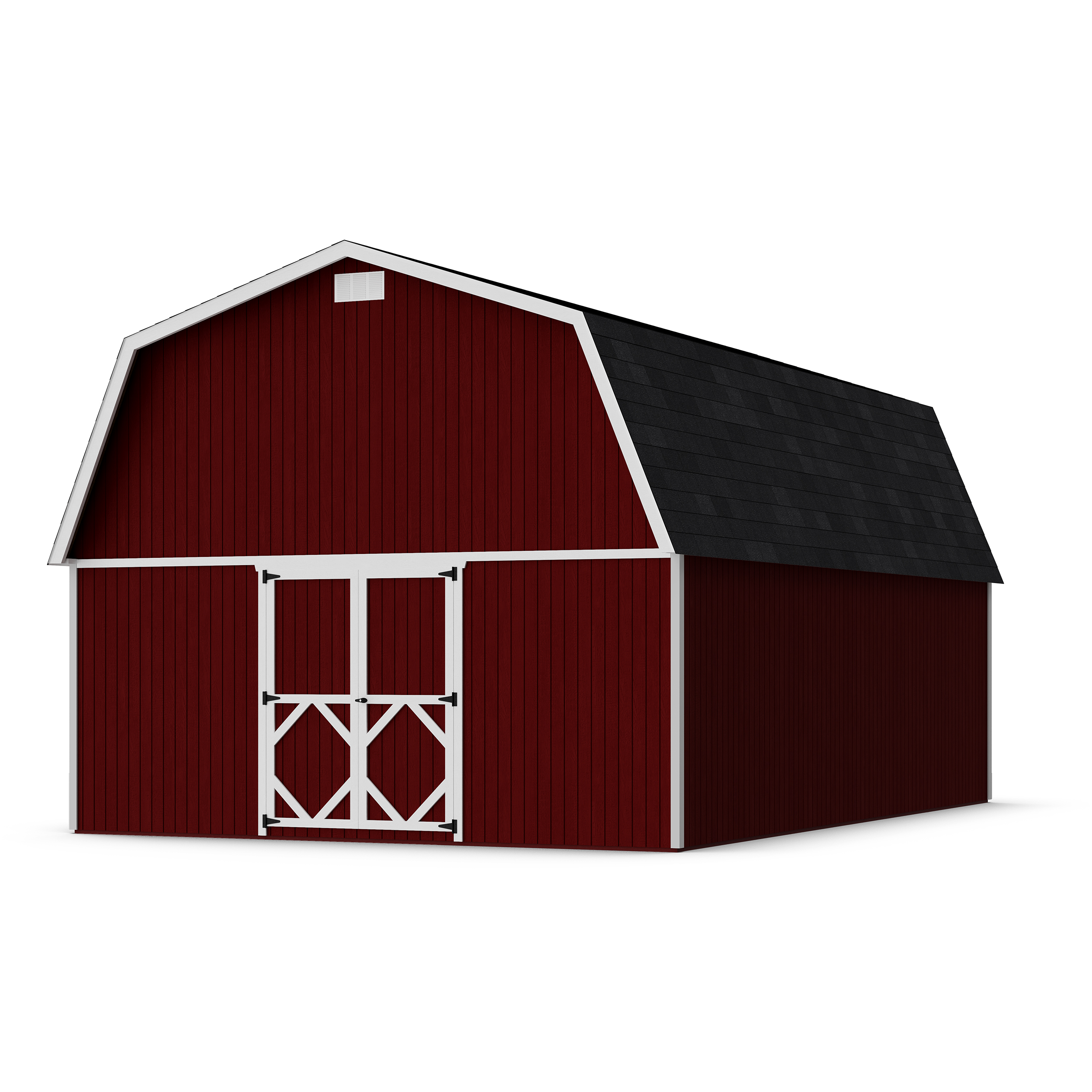 Rendering of Classic Gambrel Large Barn Shed with shingles and paint.