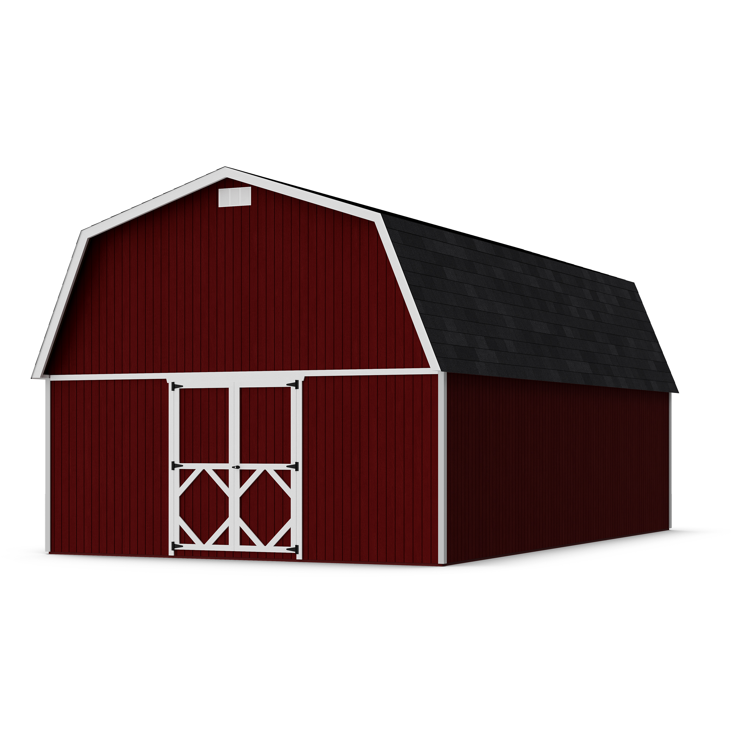 Rendering of Classic Gambrel Large Barn Shed with shingles and paint.
