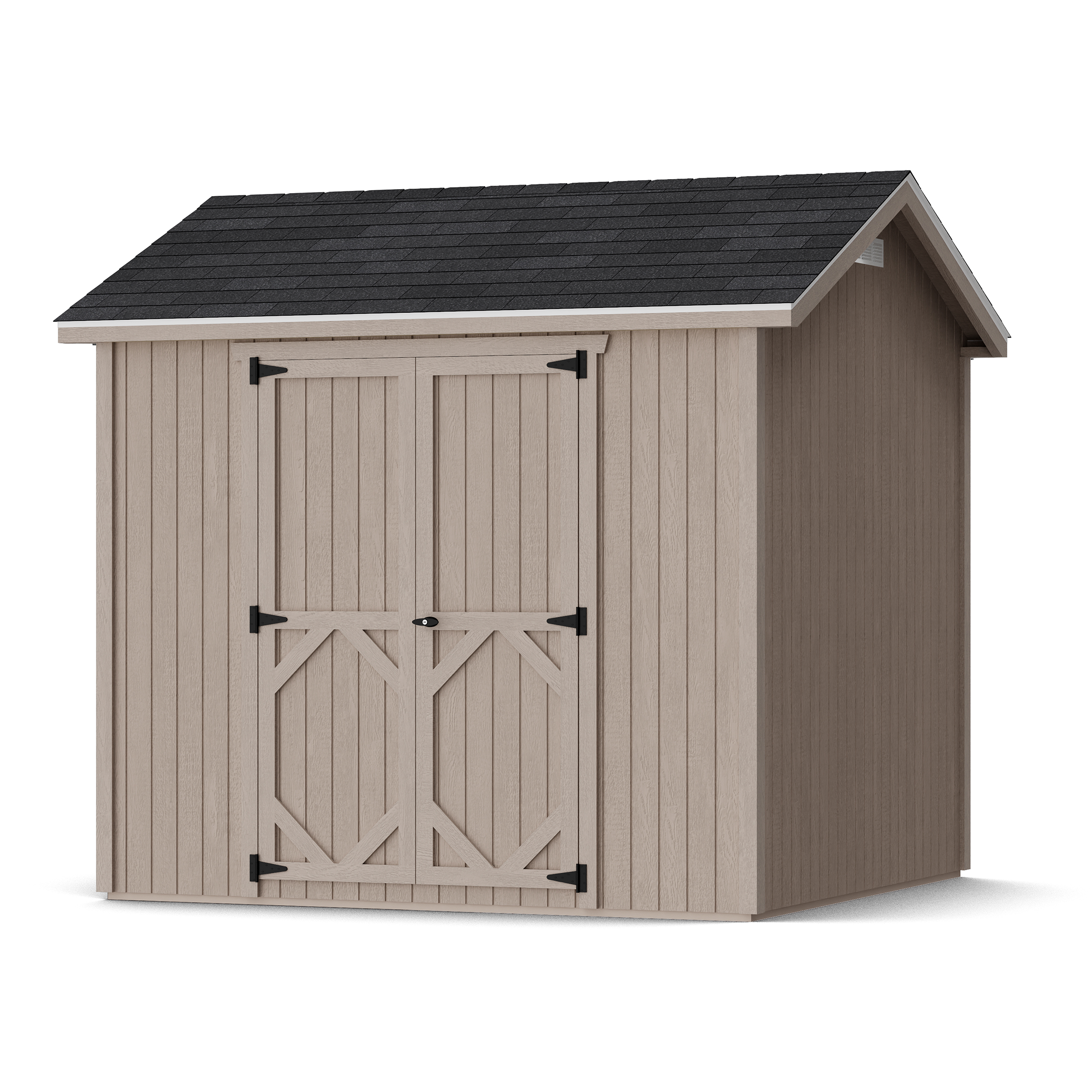 Rendering of Classic Gable Shed with Side Entry in assembly process ready to be painted.
