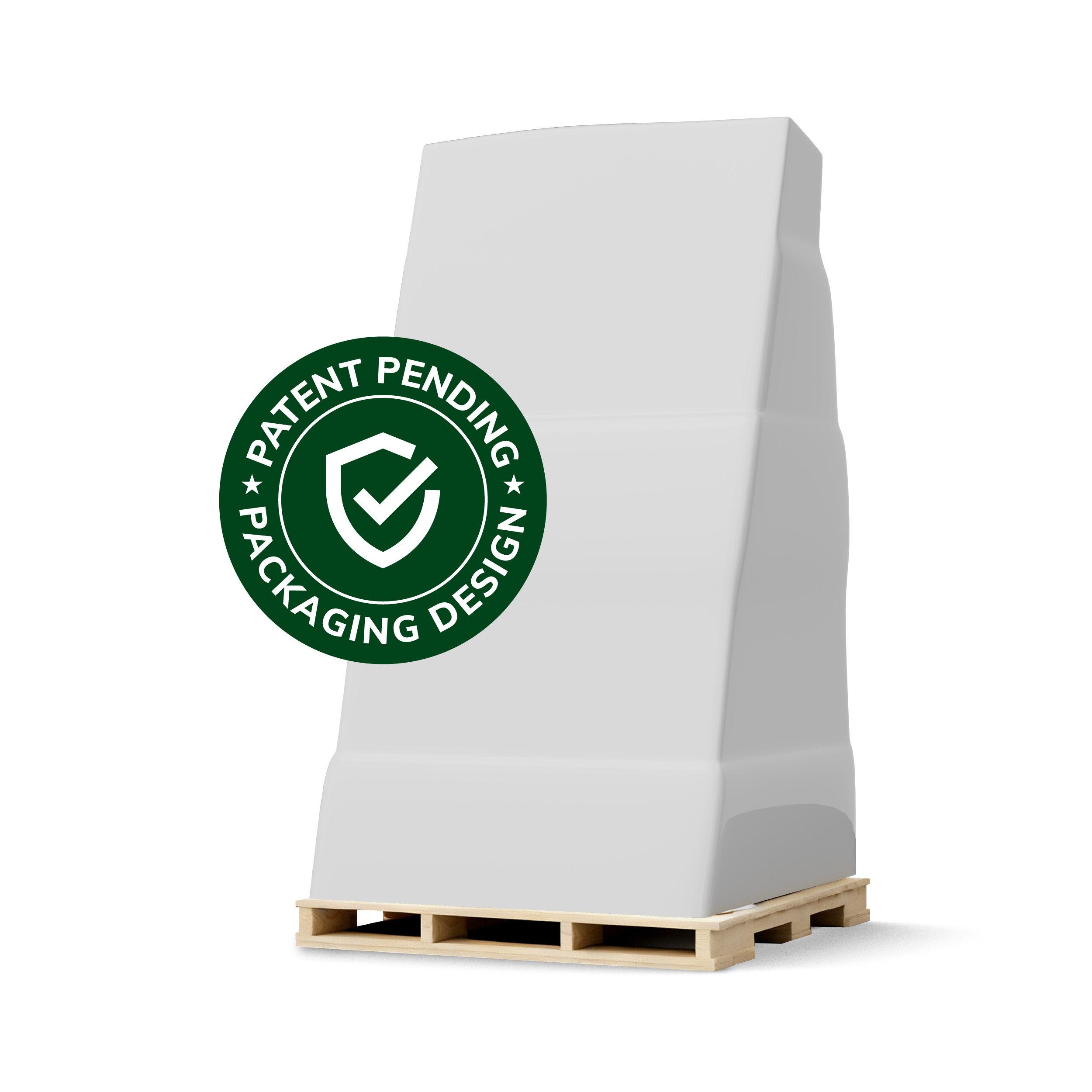 Patent-pending design packed pallet ready for shipment.