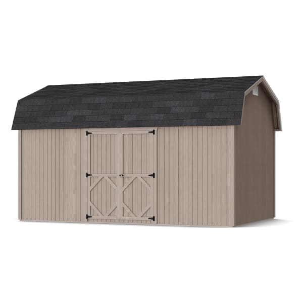 Rendering of Classic Gambrel 6' Barn Shed with Side Entry in assembly process ready to be painted.