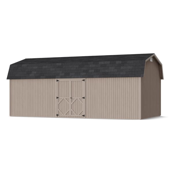 Rendering of Classic Gambrel 6' Barn Shed with Side Entry in assembly process ready to be painted.