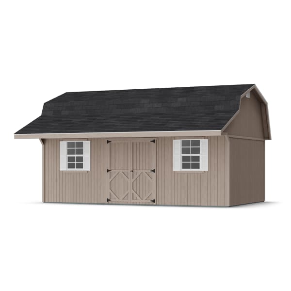 Rendering of Classic Gambrel Barn Shed with Overhang in assembly process ready to be painted.