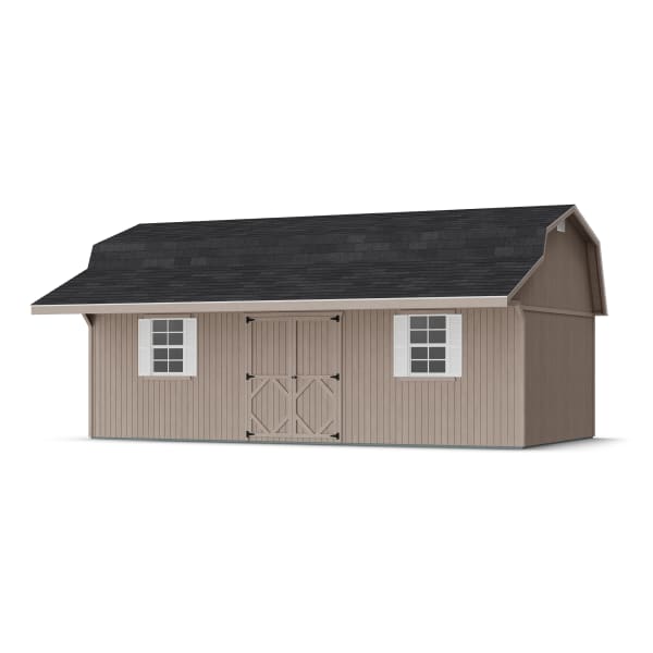 Rendering of Classic Gambrel Barn Shed with Overhang in assembly process ready to be painted.