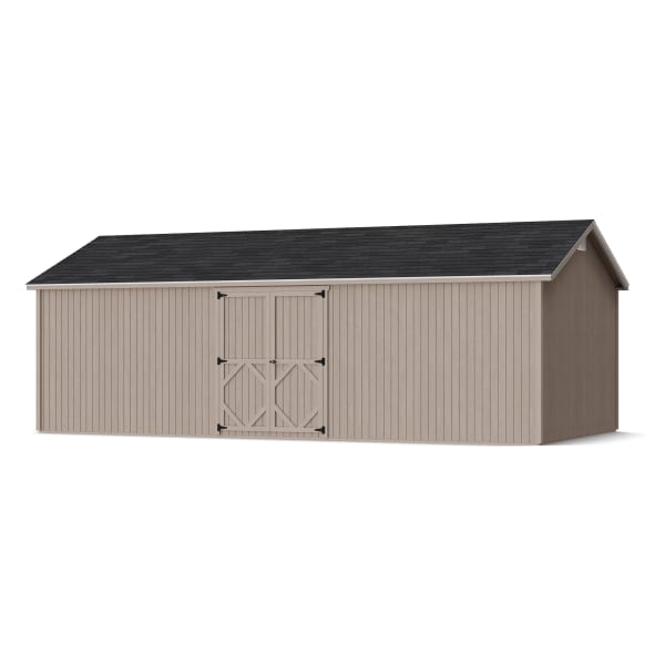 Rendering of Classic Gable Shed with Side Entry in assembly process ready to be painted.