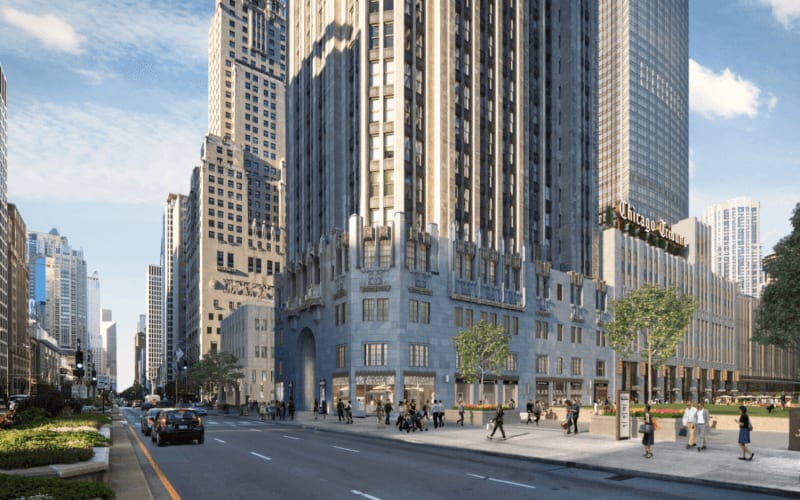 A rendering of the exterior facade and entrance of the Tribune Tower.