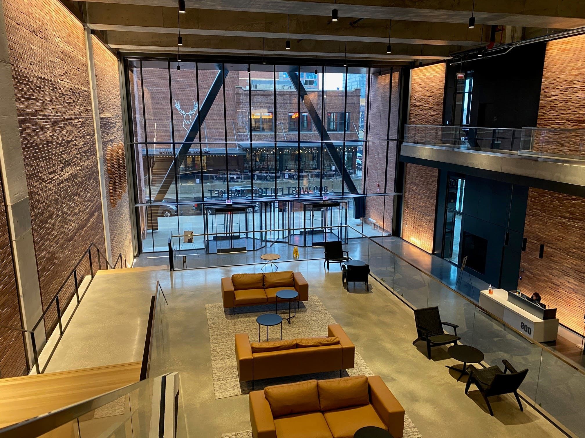 View of the lobby showing a floor-to-ceiling window across the lobby.
