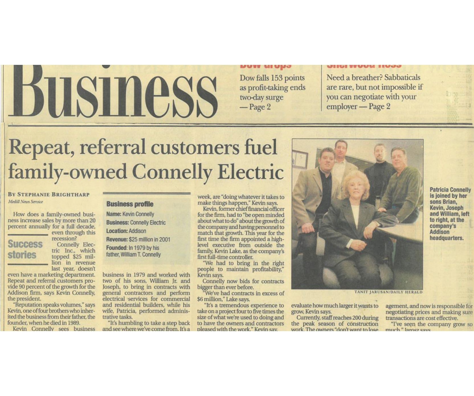 Newspaper with headline reading "Repeat, referral customers fuel family-owned Connelly Electric"