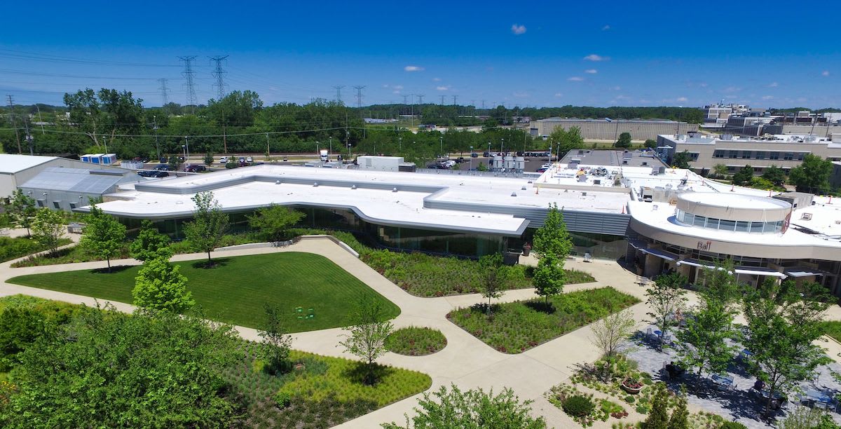 Outside of the Ball Horticultural Innovation Center, showing greenery