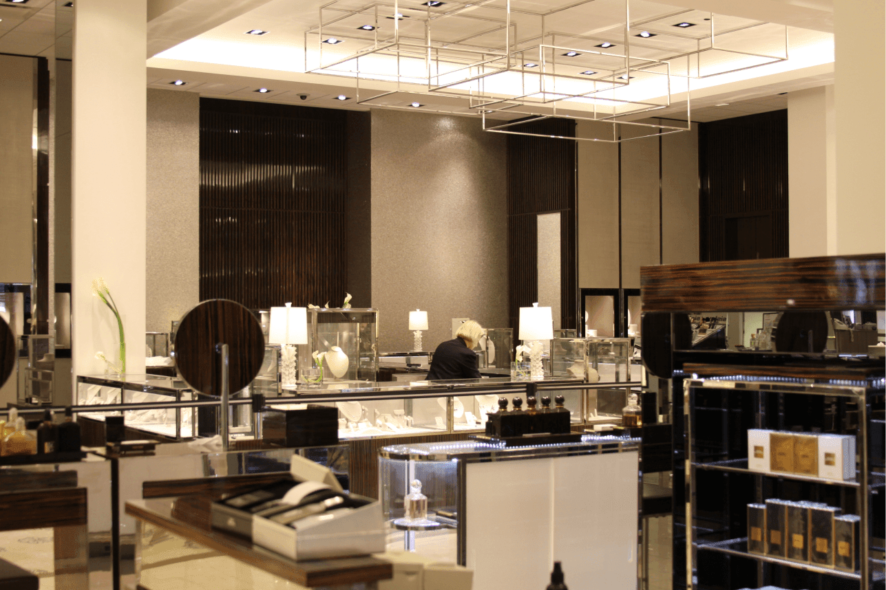Luxury jewelry section inside Neiman Marcus Chicago, showing modern, exclusive lighting.