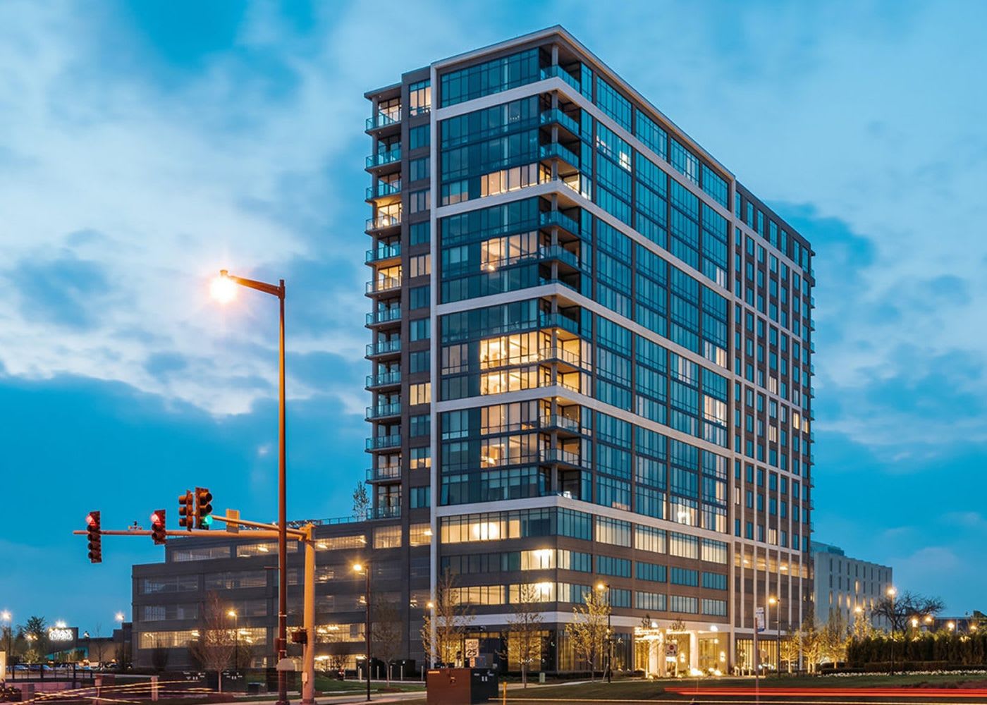 Exterior of Oakbrook Commons Exterior at night.