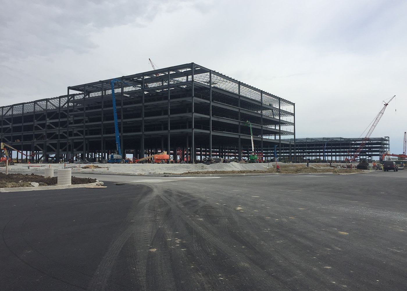 The steelwork of Amazon's center during the construction phase.