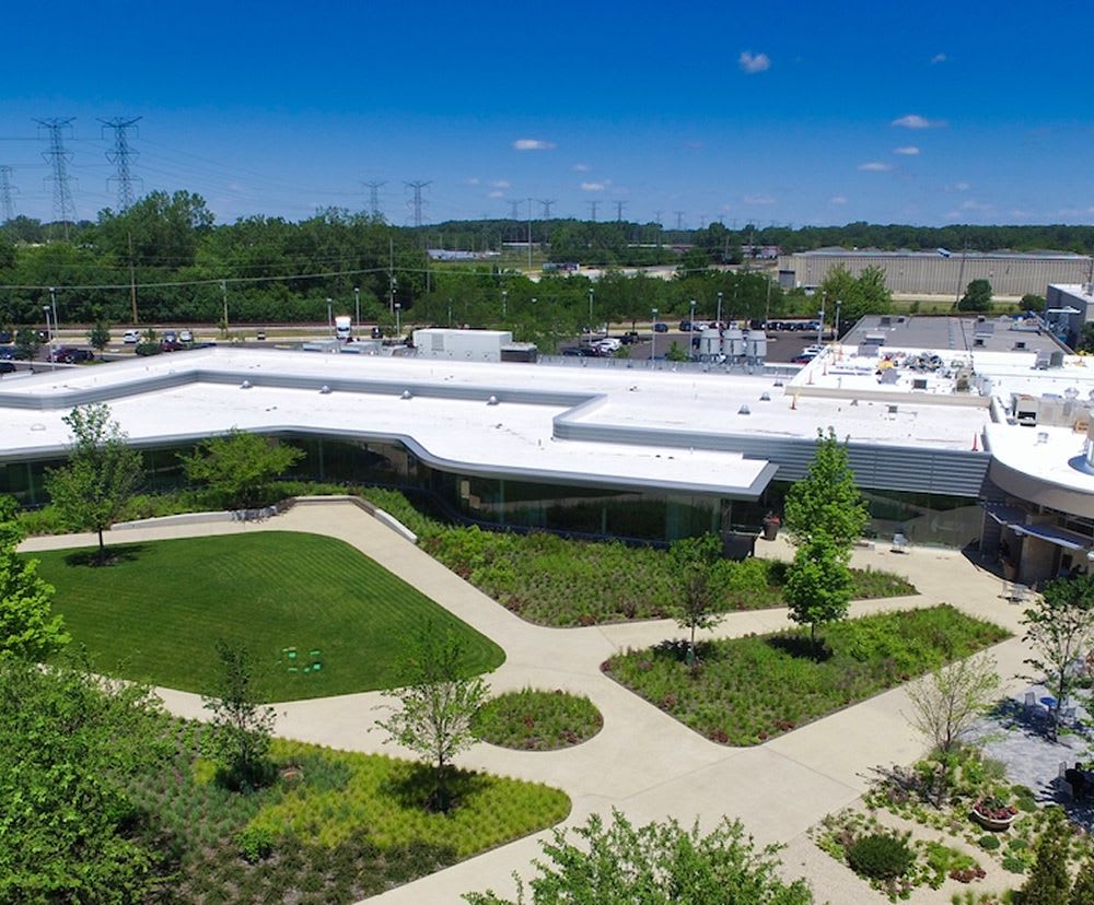 Outside of the Ball Horticultural Innovation Center, showing greenery