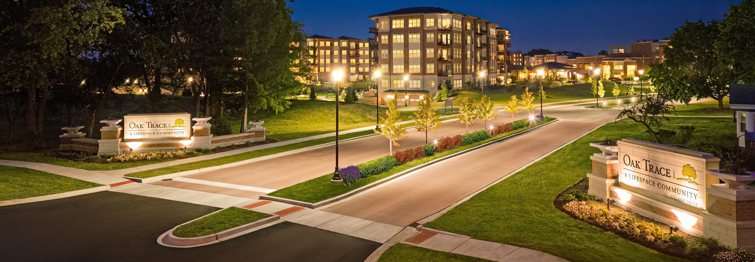 Oak Trace beautifully illuminated at night.