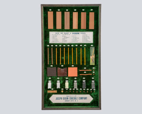 Framed display showing how Ticonderoga pencils are made, with the words "Made in U.S.A by Joseph Dixon Crucible Company, Jersey City, N.J." on it.