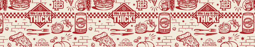 A wallpaper of icons, illustrations, and imagery from Beggars Pizza.