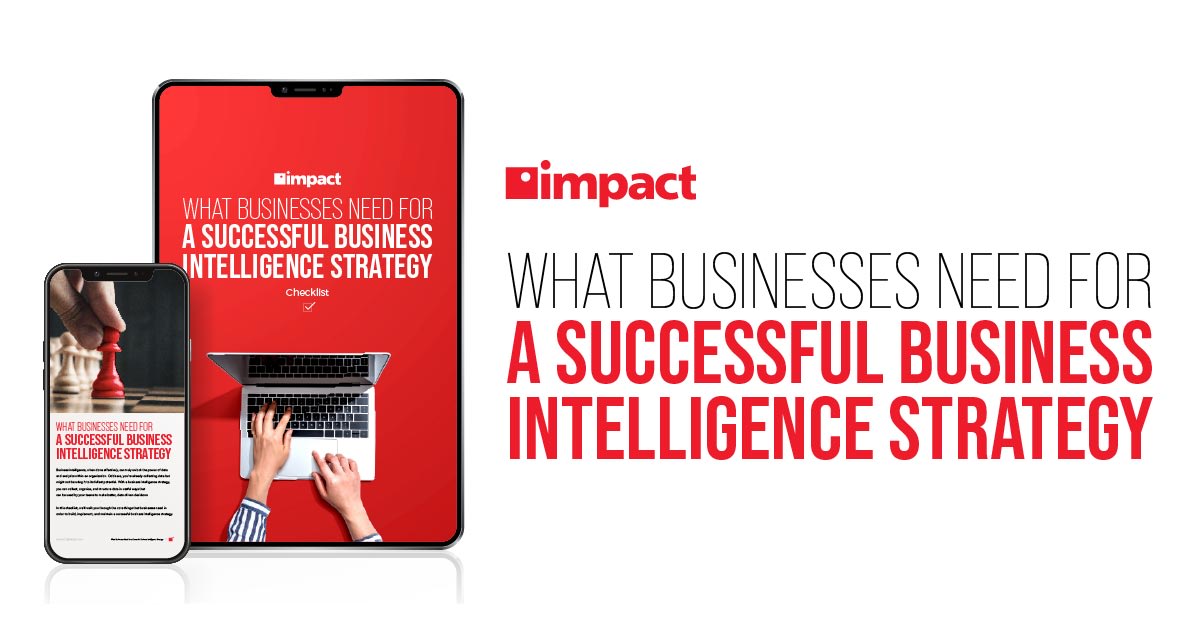 checklist what businesses need for a successful business intelligence strategy. ipad and iphone with hands on macbook with red background