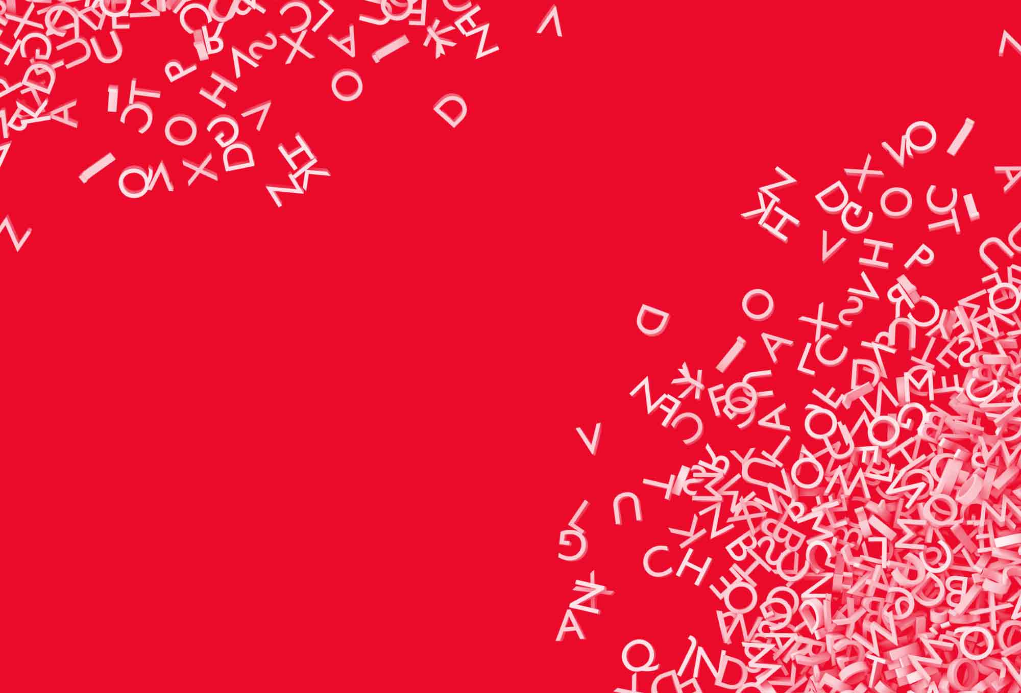A red background with white letters jumbled together in the upper left and bottom right corners of the image