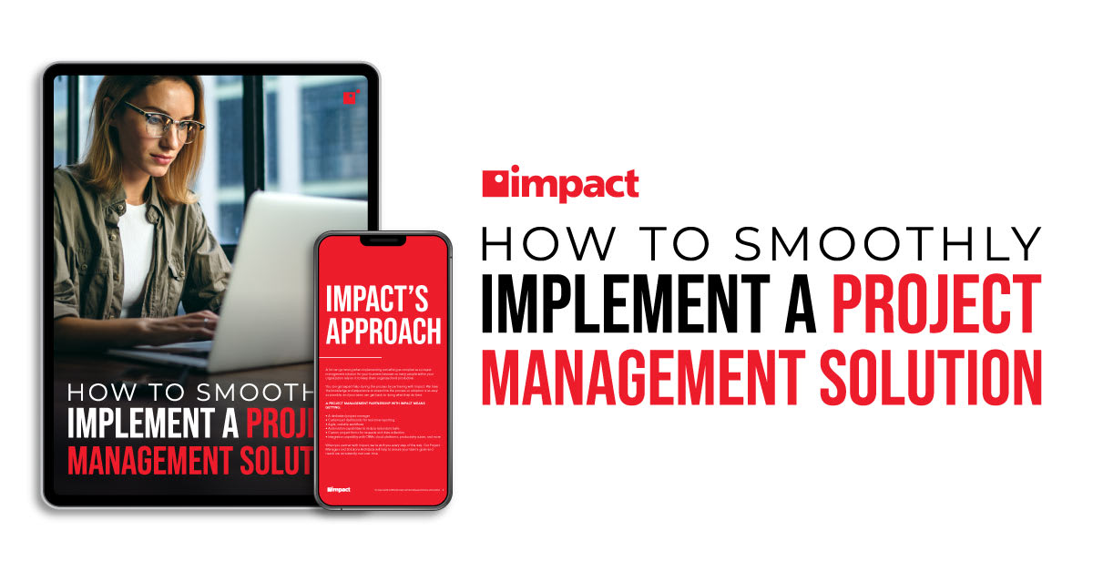 The cover of the How to Smoothly Implement a Project Management Solution brochure on a tablet and a smart phone with the title in bigger letters to the right