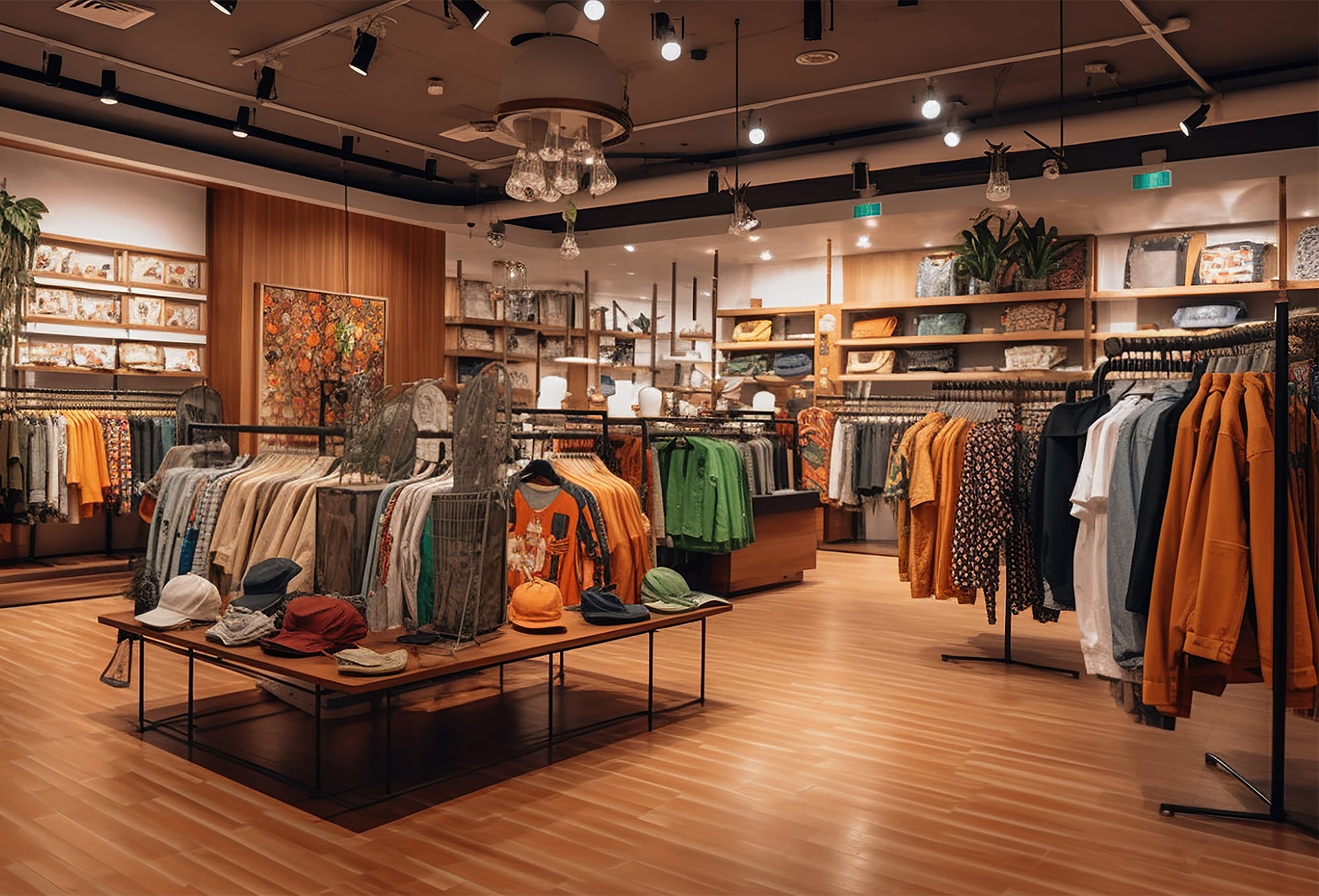 Low-lit retail store with clothes on hangers, a centered table, and the back wall.