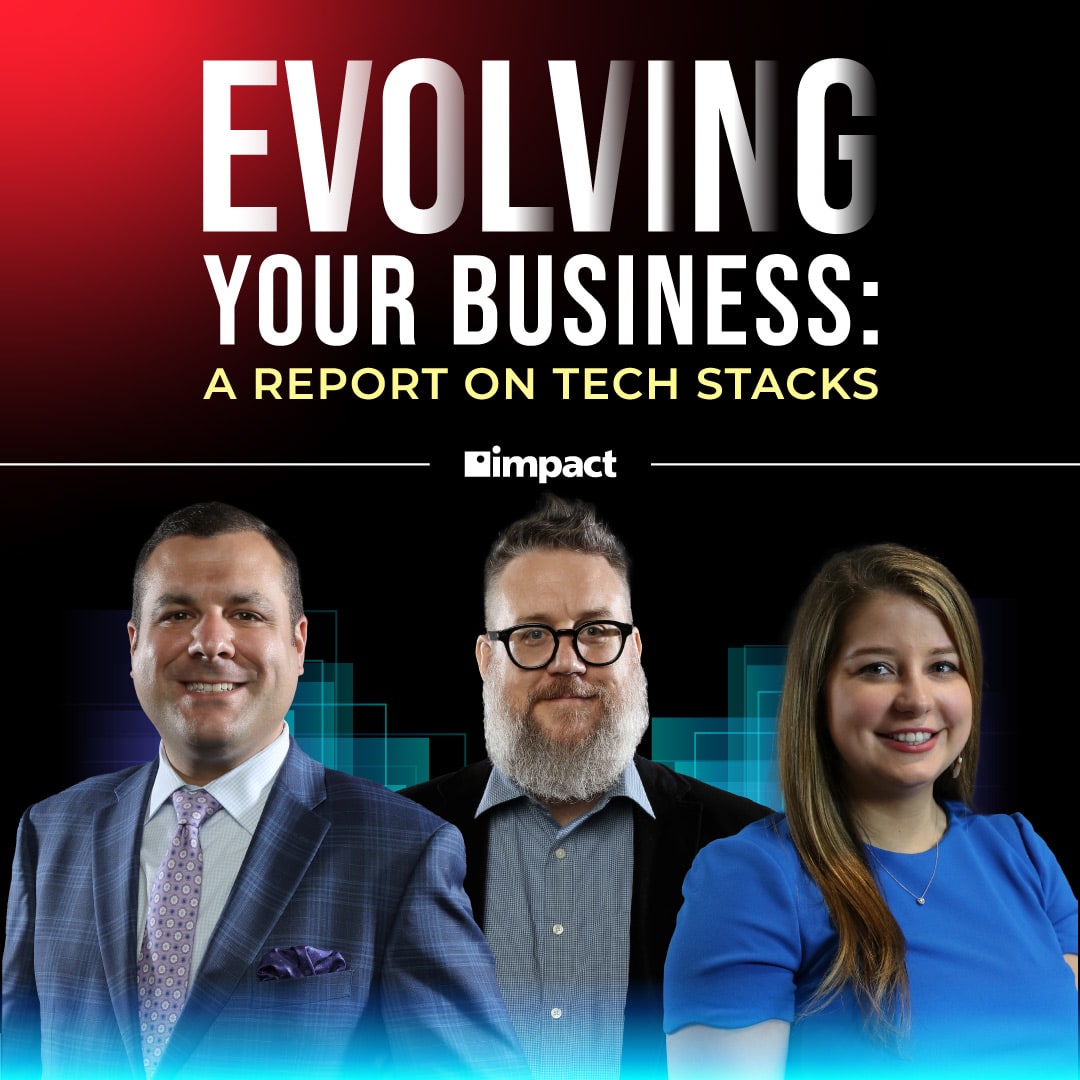 The headshots of Frank DeGeorge, Jon Evans, and Pippy Pruitt underneath the webinar title, Evolving Your Business: A Report on Tech Stacks