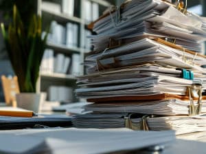 A stack of papers on a desk, grouped by various bindings  