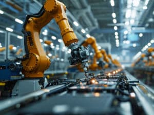 Robots on an assembly line in a manufacturing plant