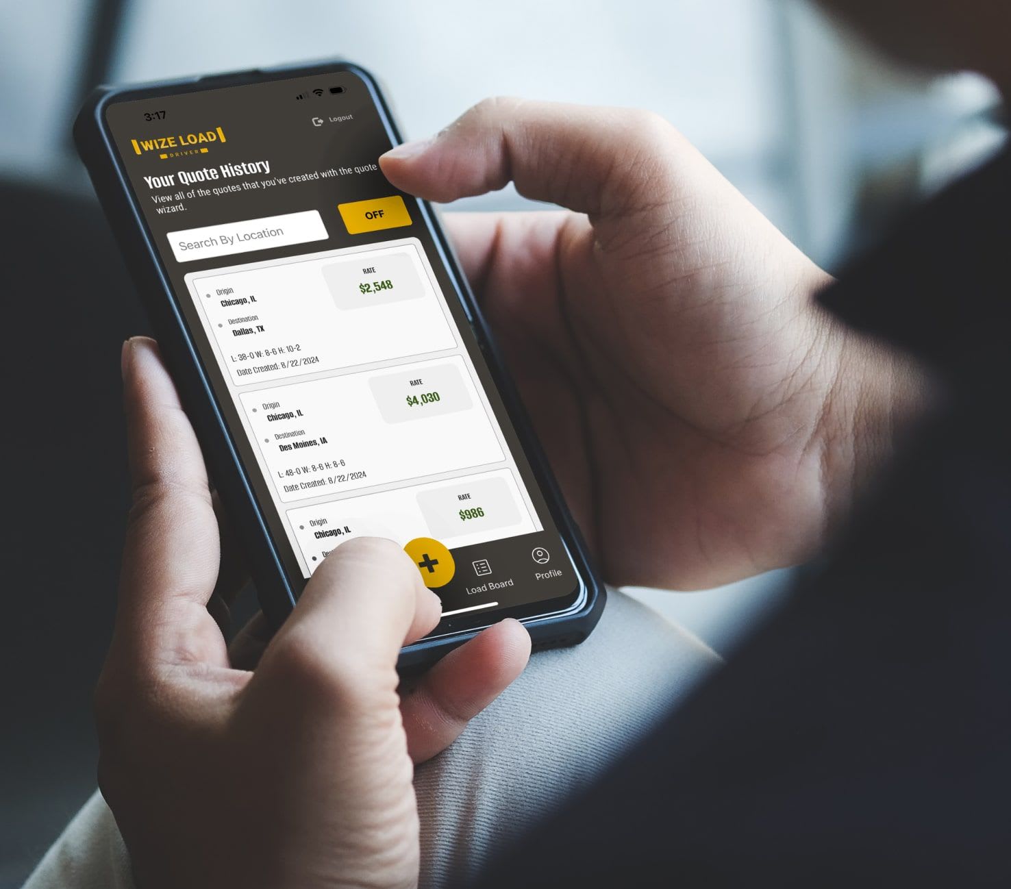Driver browsing the WizeDriver App “load board” on a smartphone to find local available loads.
